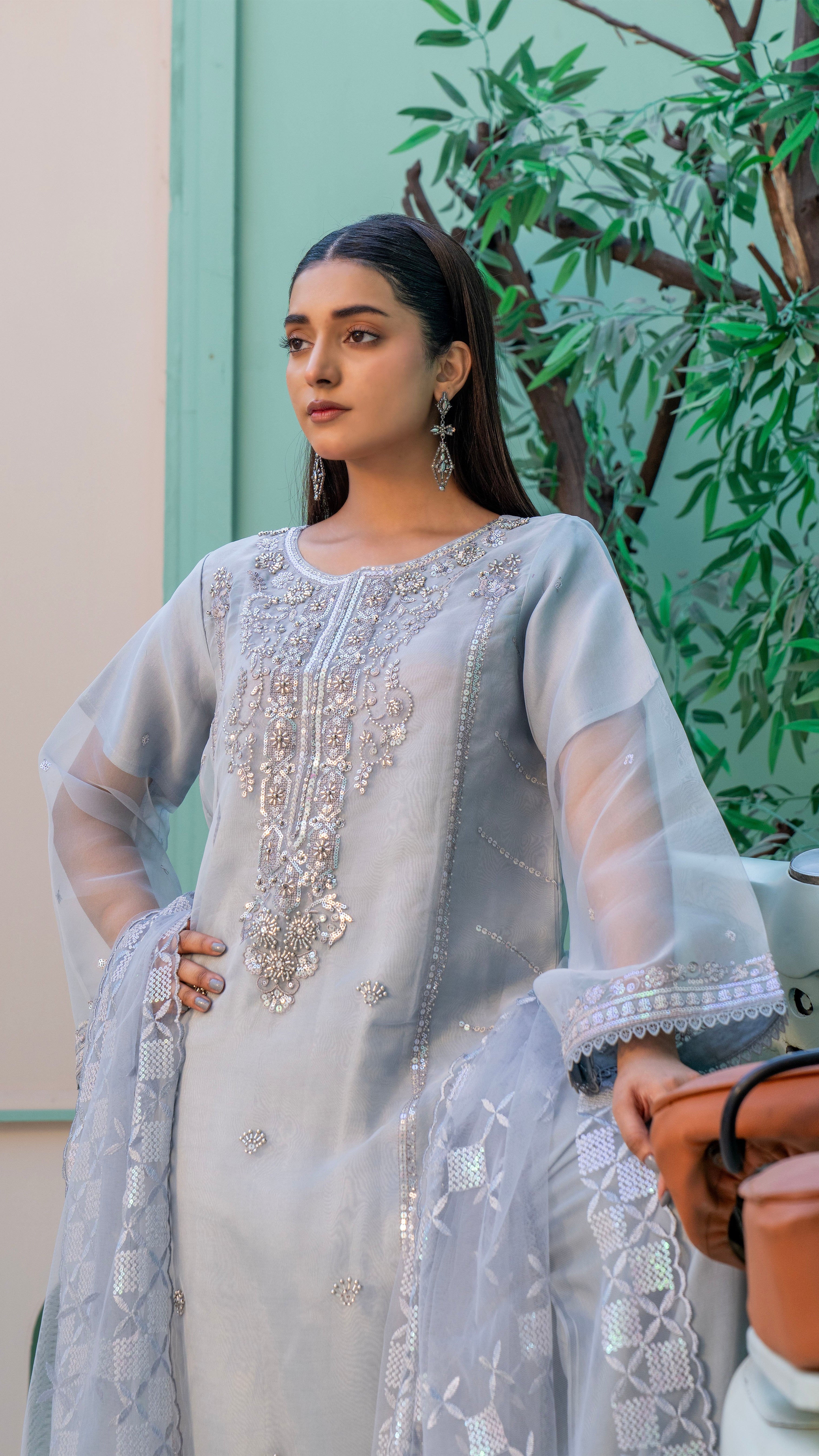 2295-Grey 4 Piece Embellished Organza Kurta Set