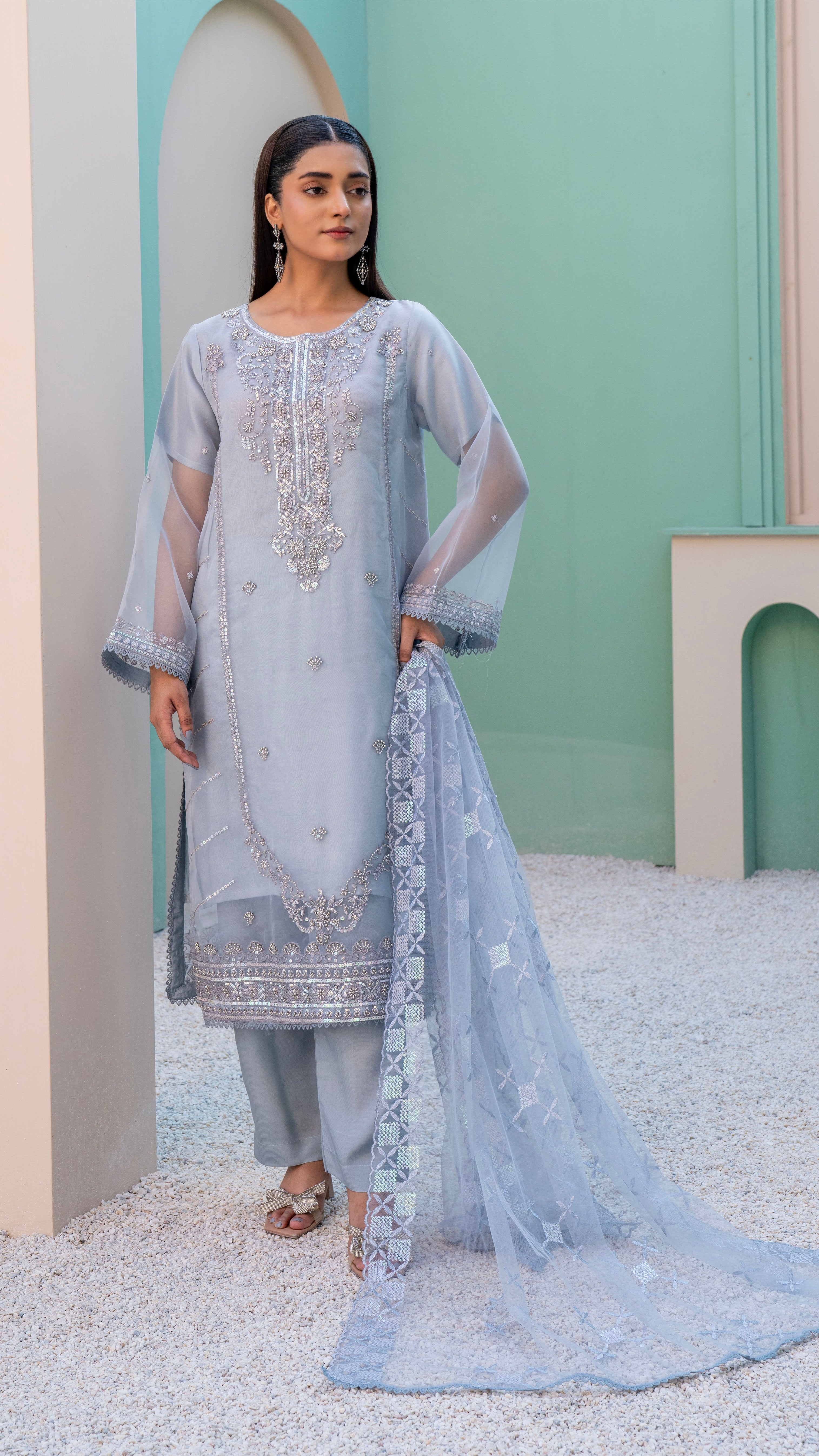 2295-Grey 4 Piece Embellished Organza Kurta Set