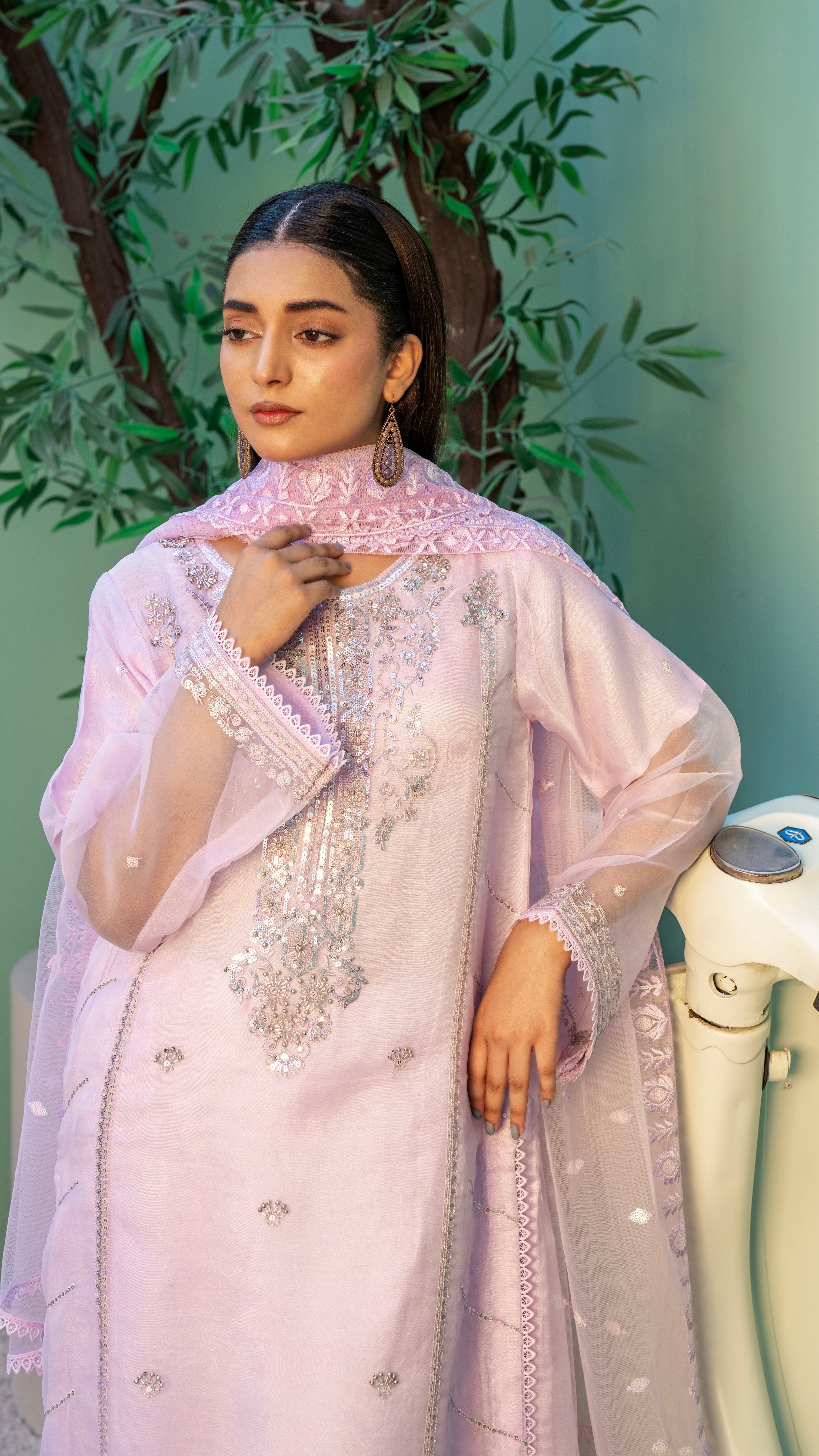 2295-Lilac 4 Piece Embellished Organza Kurta Set