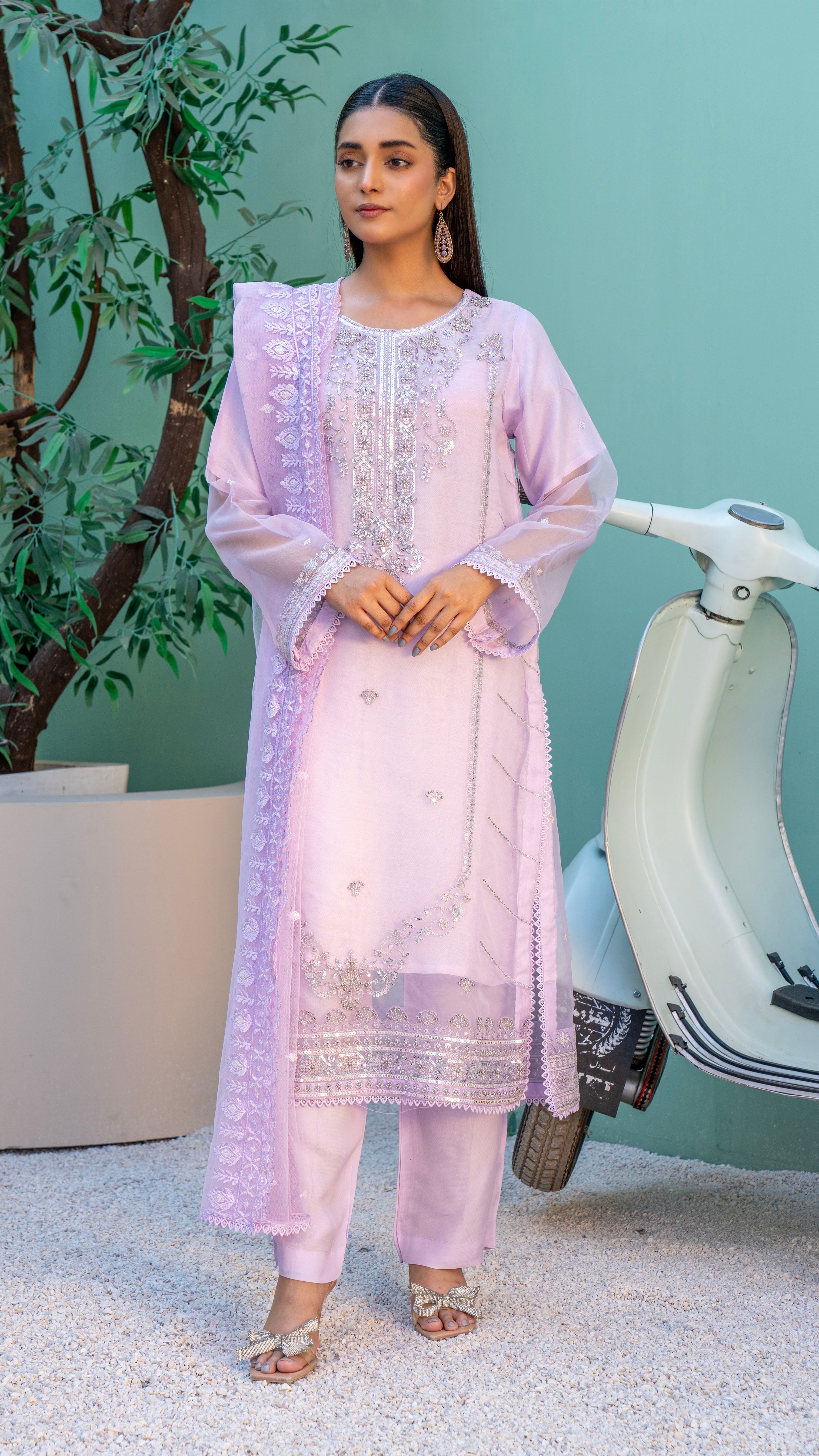 2295-Lilac 4 Piece Embellished Organza Kurta Set
