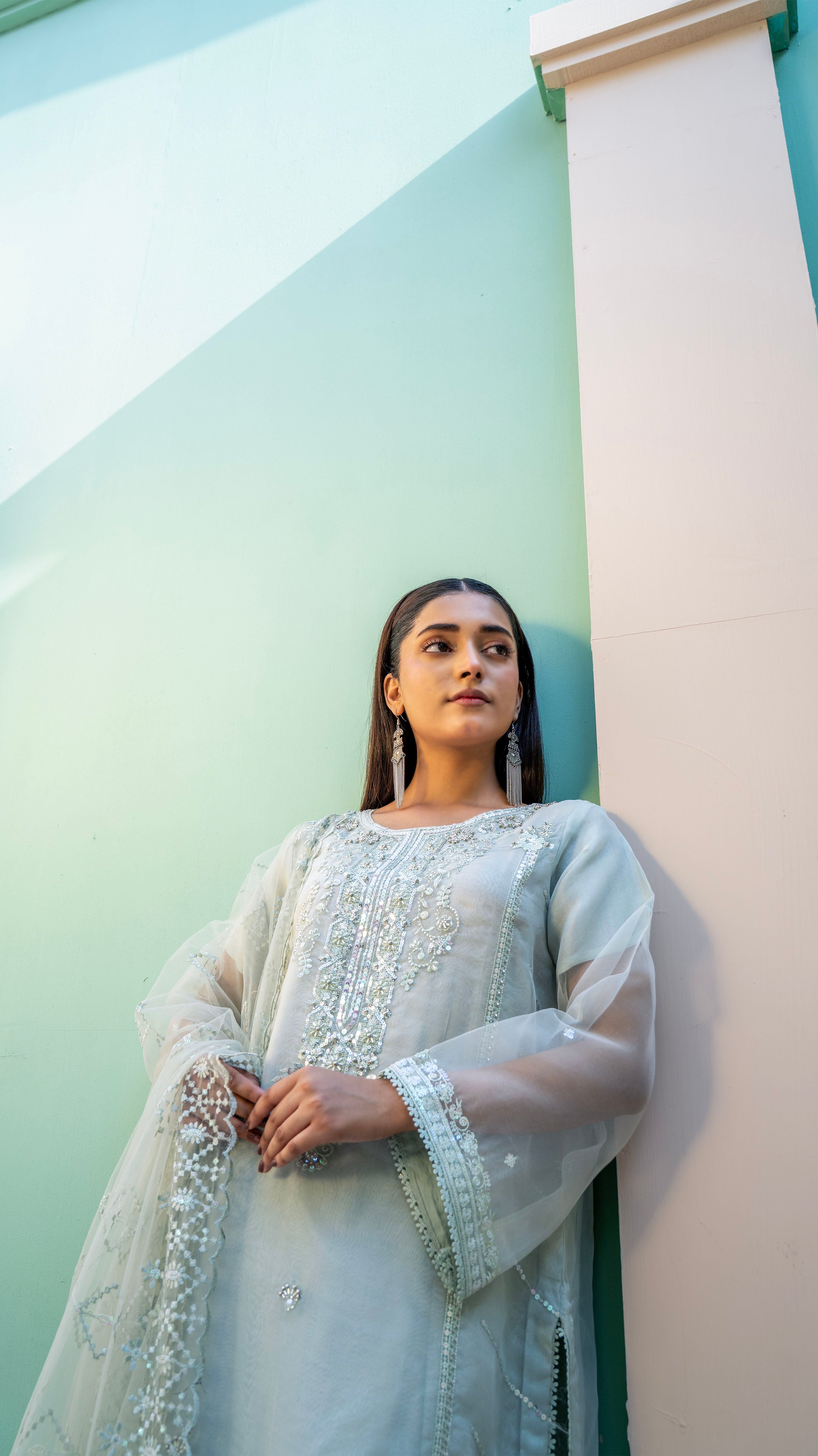 2295-Sea Green 4 Piece Embellished Organza Kurta Set