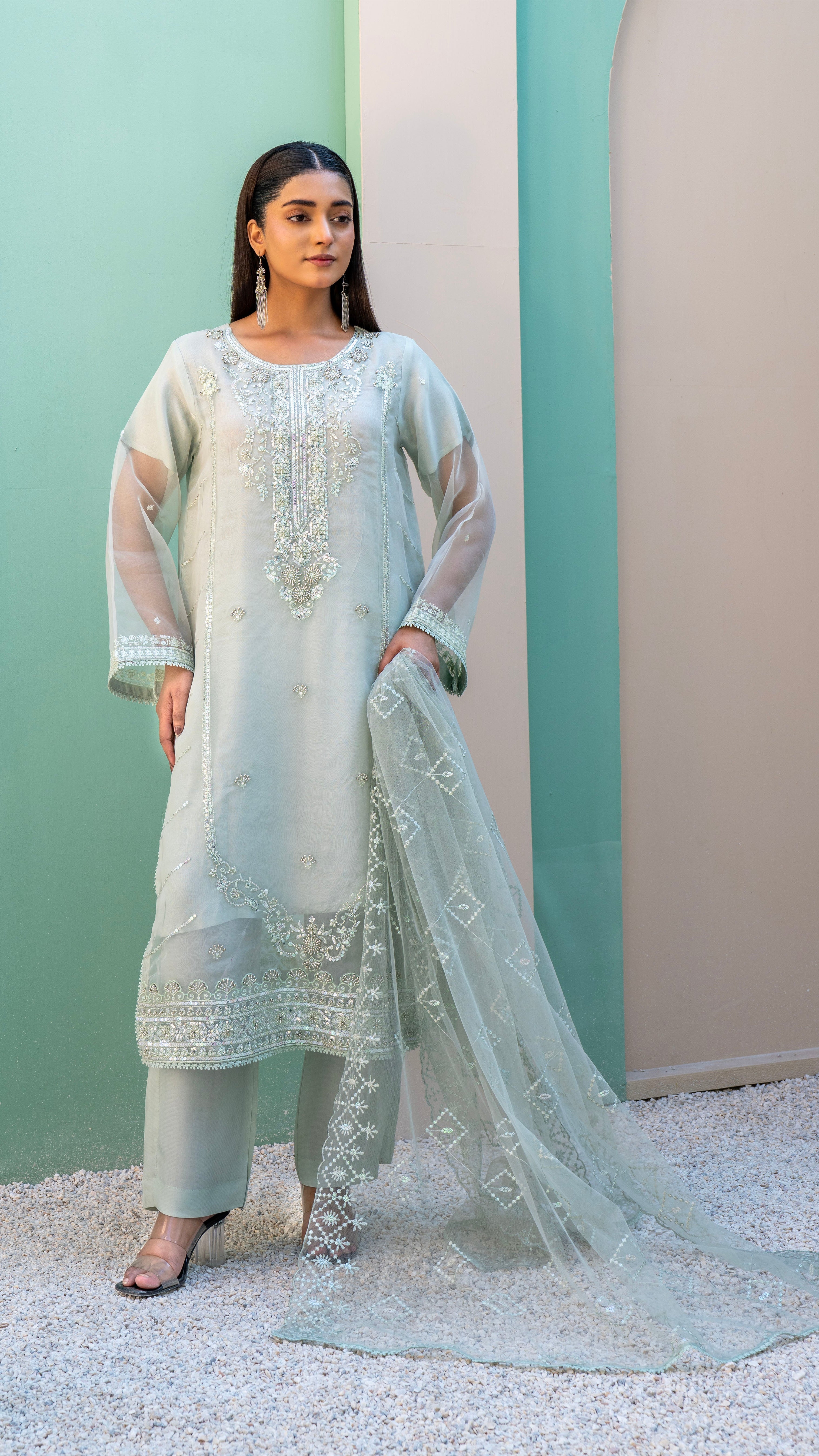 2295-Sea Green 4 Piece Embellished Organza Kurta Set