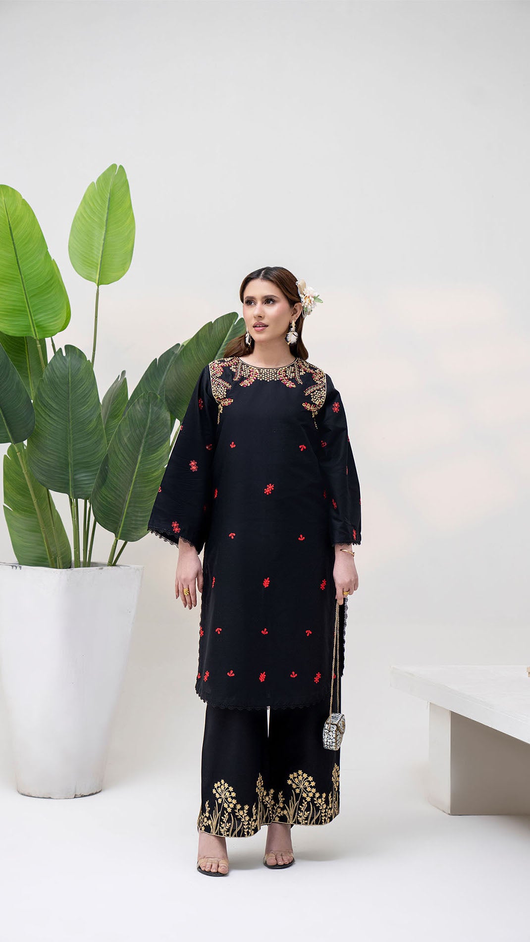 2302 - Black Embroidered 2-Piece Cotton Lawn Suit – Elegant Summer Wear