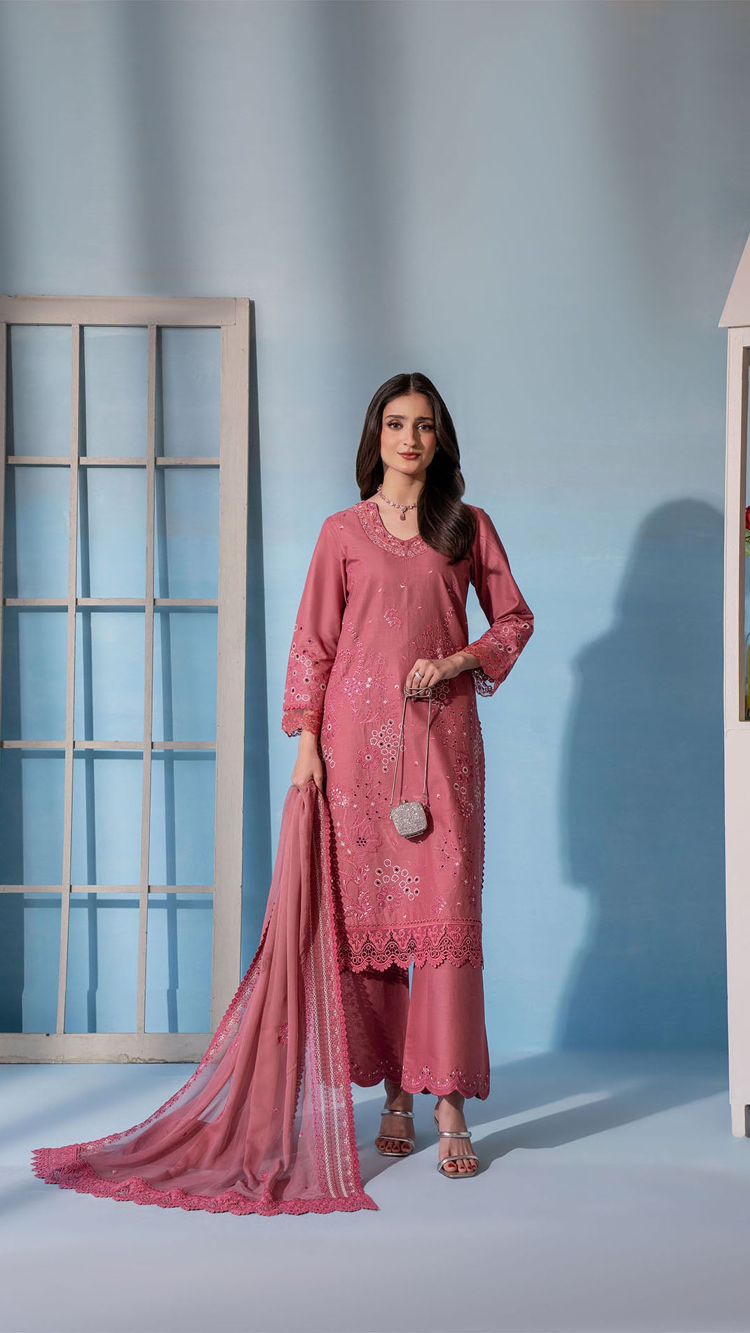 2304 - Piyazi Pink Embroidered 3-Piece Cotton Lawn Suit – Elegant Summer Wear