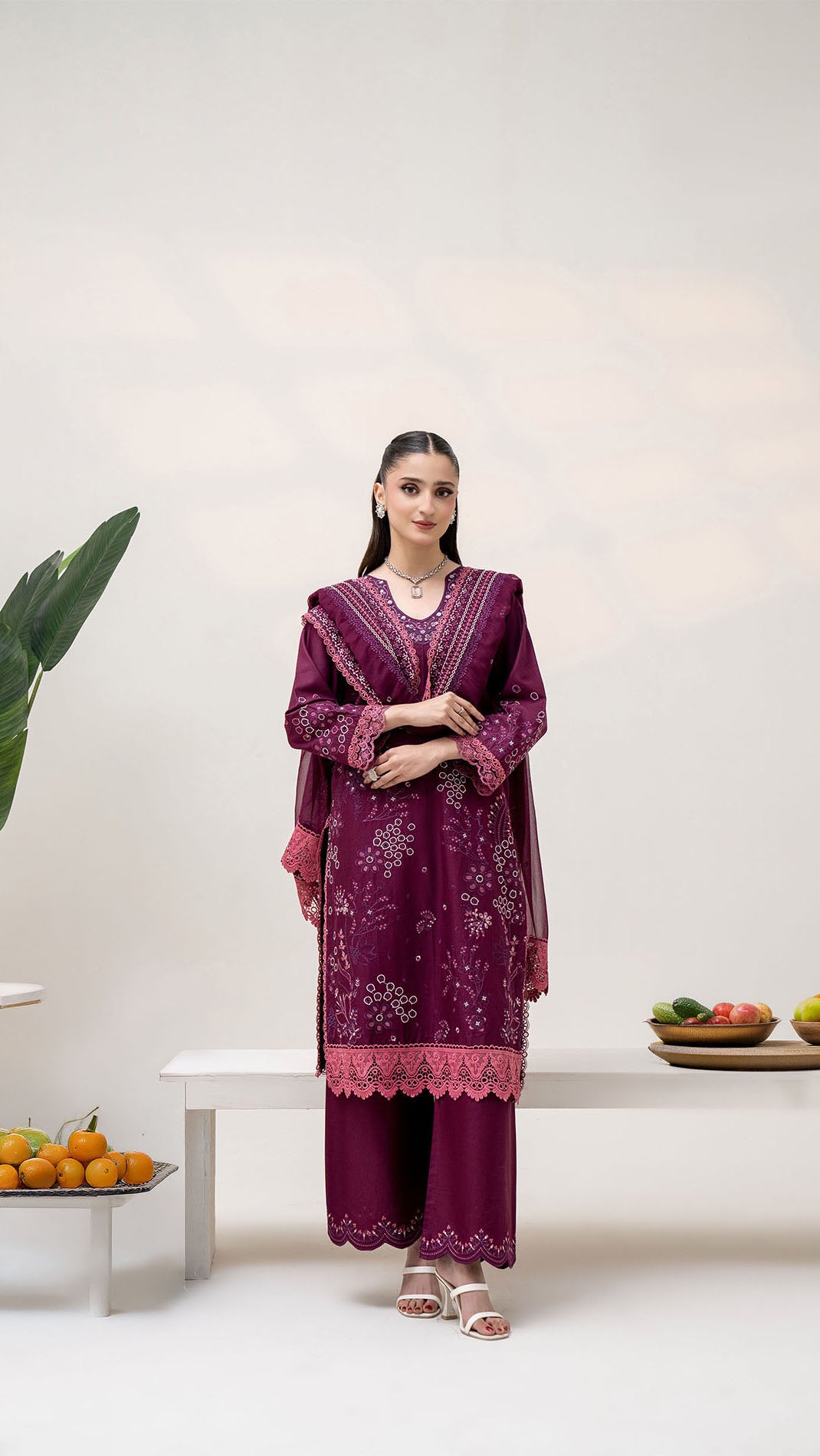 2304 - Purple Embroidered 3-Piece Cotton Lawn Suit – Elegant Summer Wear