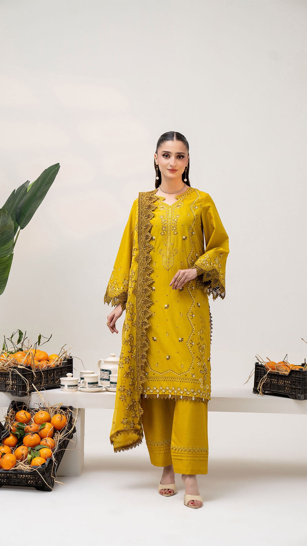 2305-Gold 3-Piece Suit Embroidered Cotton lawn Suit