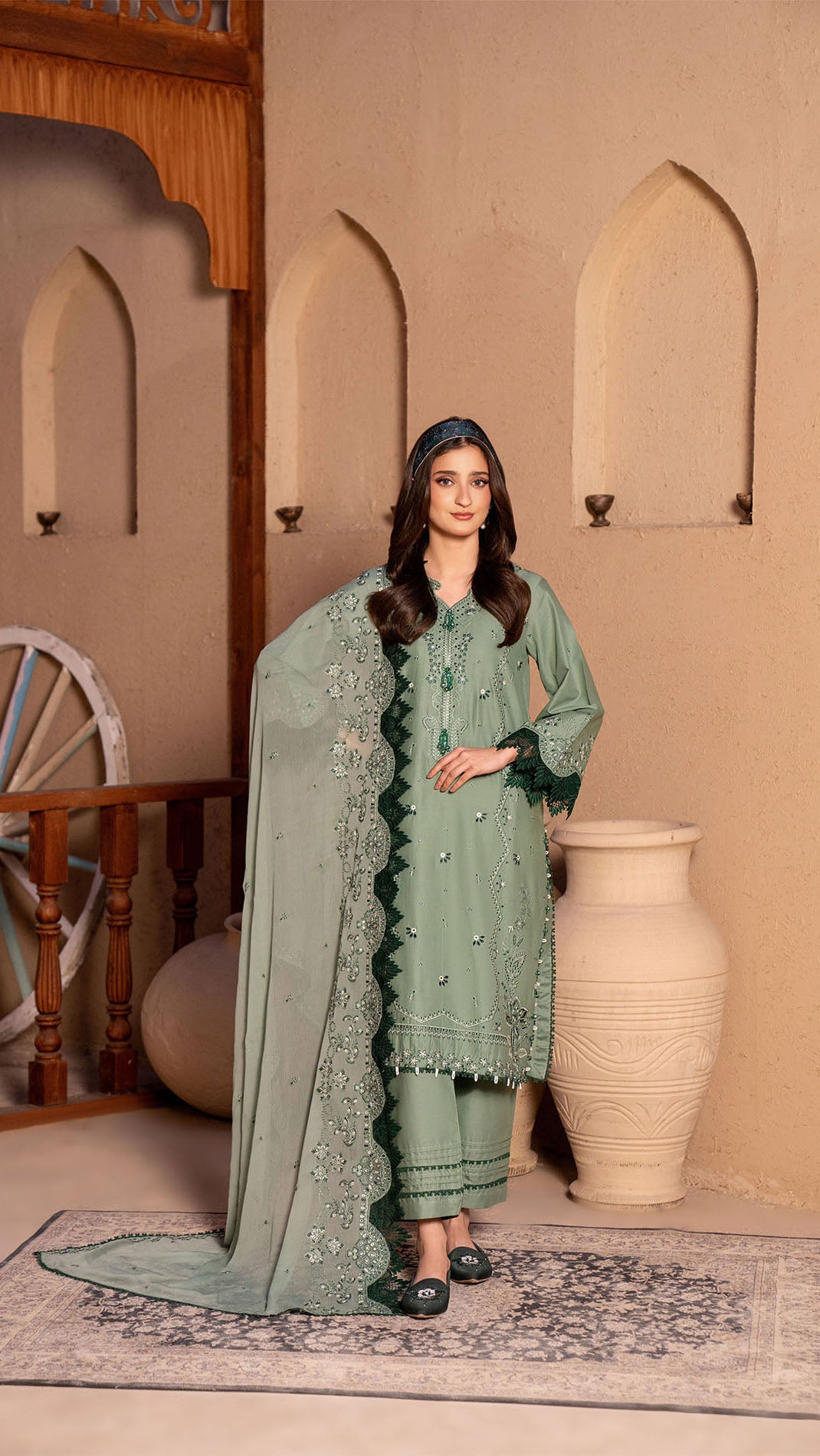 2305-Sea Green 3-Piece Suit Embroidered Cotton lawn Suit