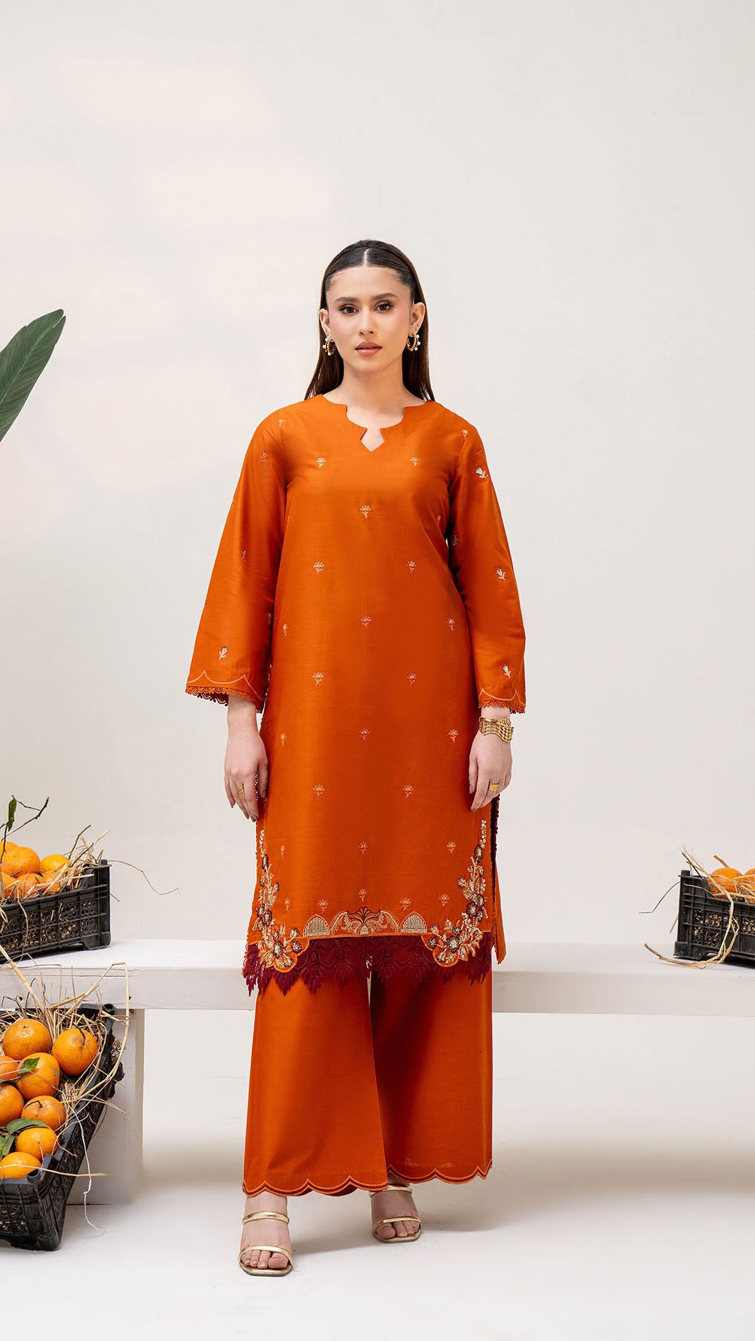 2309- Orange 2-Piece Suit Embroidered Cotton lawn Suit