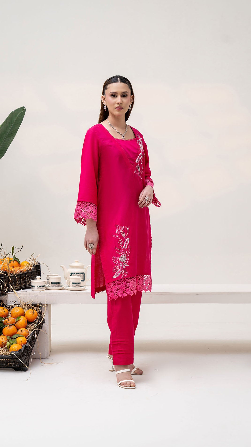 2310-Shocking Pink 2-Piece Suit Embroidered Cotton lawn Suit