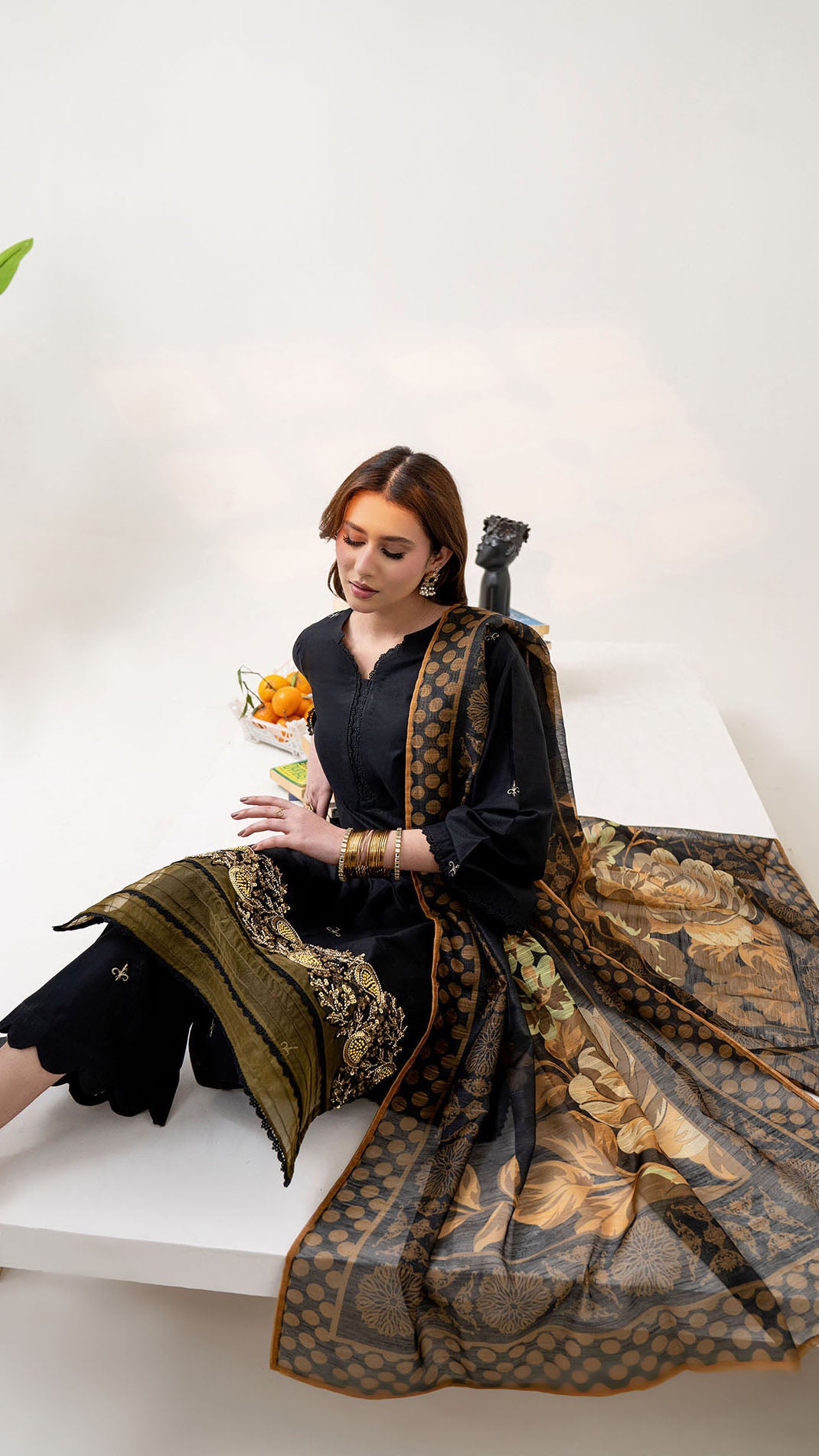 2311-Black 3-Piece Suit Embroidered Cotton lawn Suit