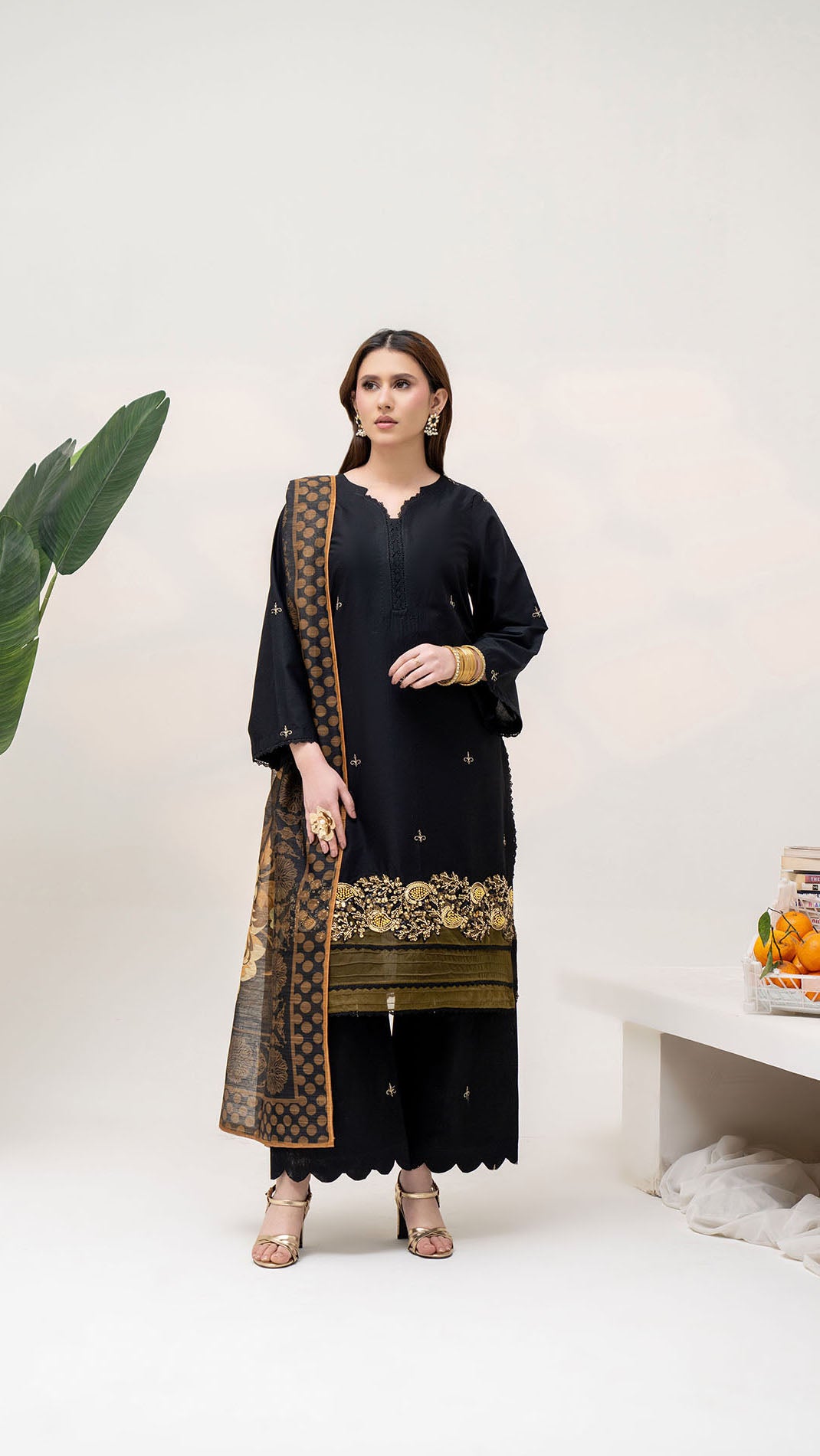 2311-Black 3-Piece Suit Embroidered Cotton lawn Suit