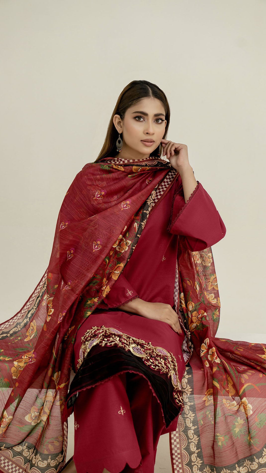 2311-Hot Pink 3-Piece Suit Embroidered Cotton lawn Suit