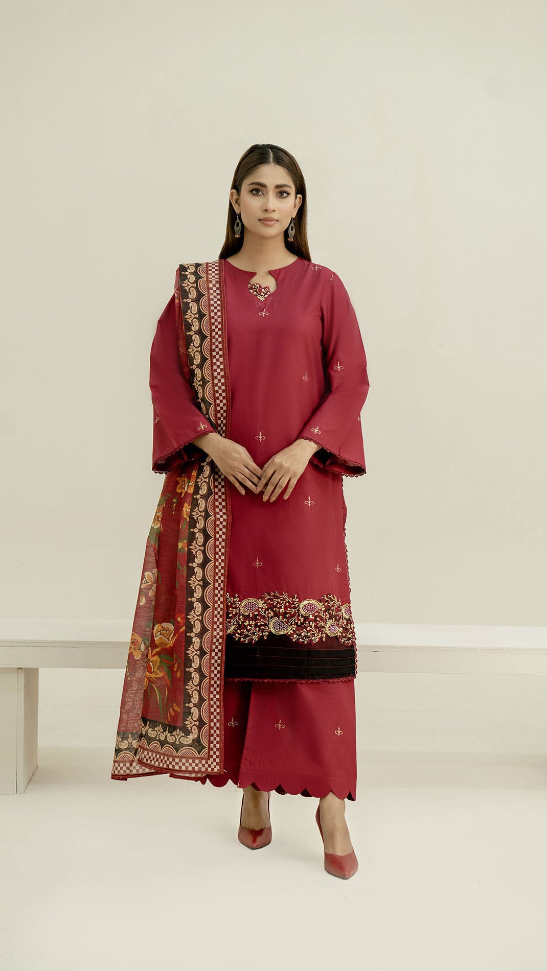 2311-Hot Pink 3-Piece Suit Embroidered Cotton lawn Suit