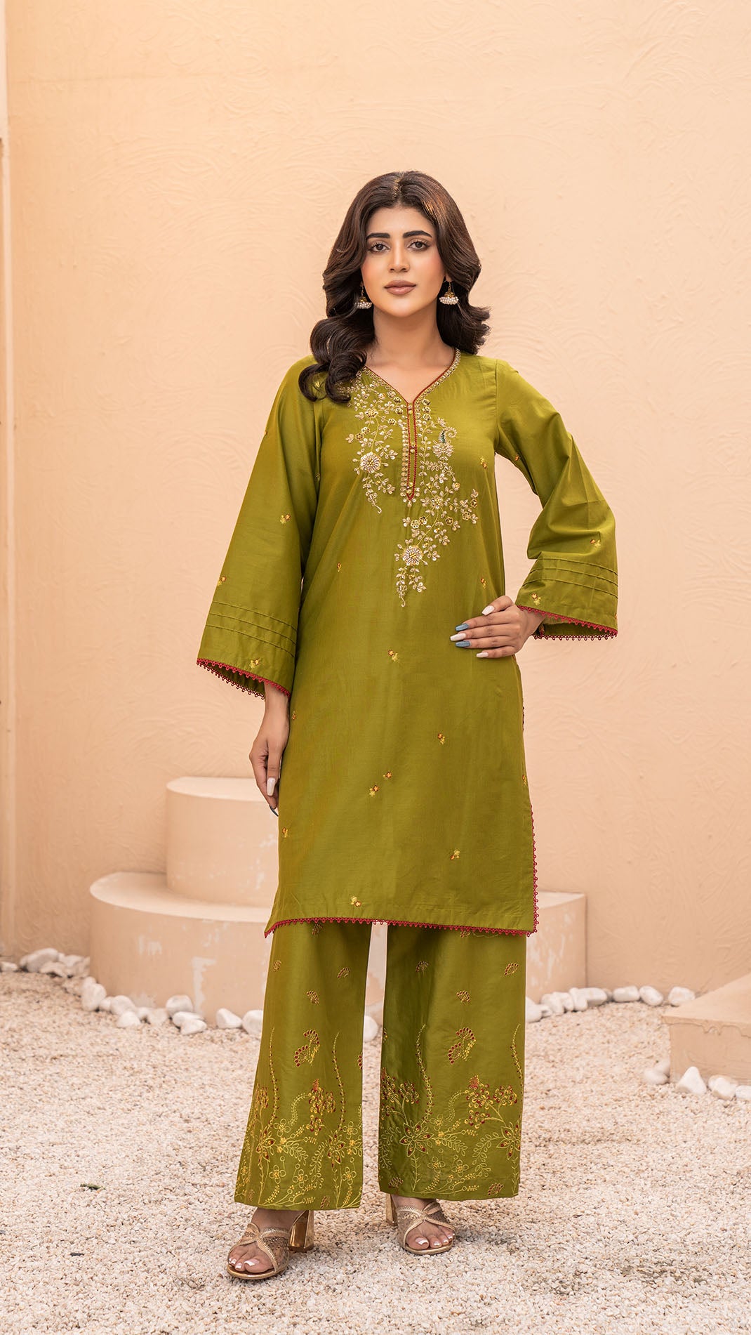 2322-Parrot Green Embroidered 2-Piece Cotton Lawn Suit