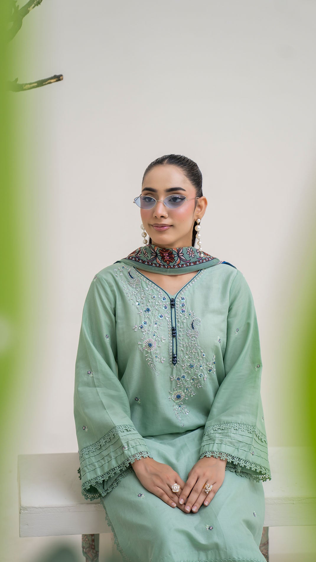 2322 - Sea Green 3-Piece Suit Embroidered Cotton lawn Suit