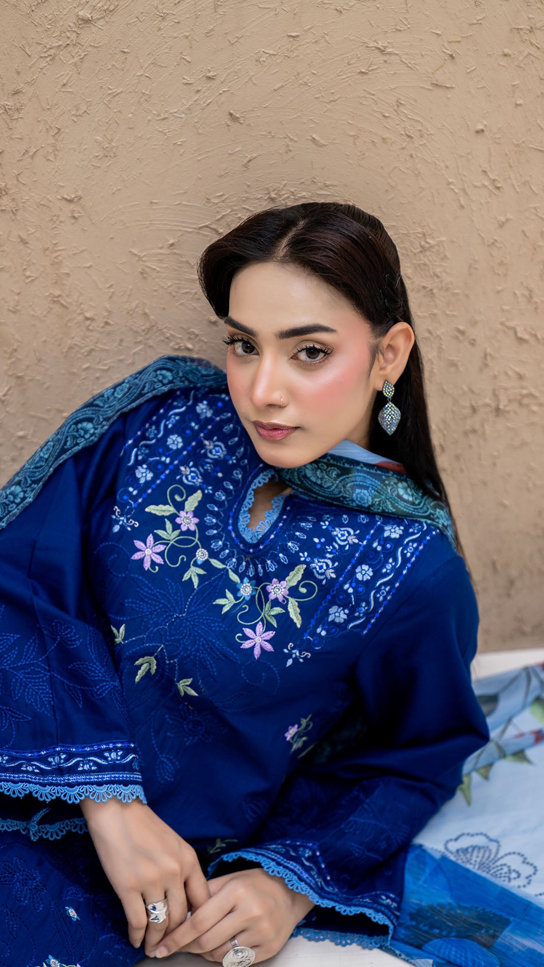 2326 - Royal Blue 3-Piece Suit Embroidered Cotton lawn Suit