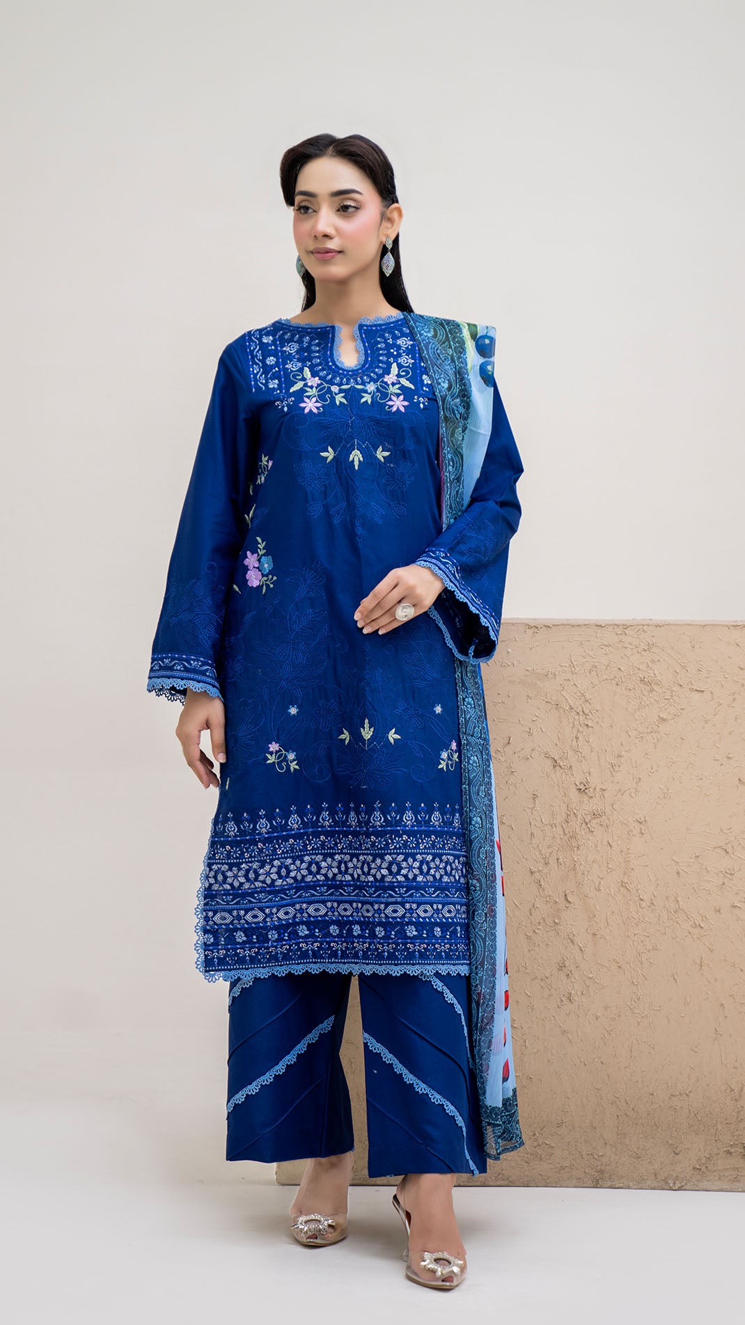 2326 - Royal Blue 3-Piece Suit Embroidered Cotton lawn Suit