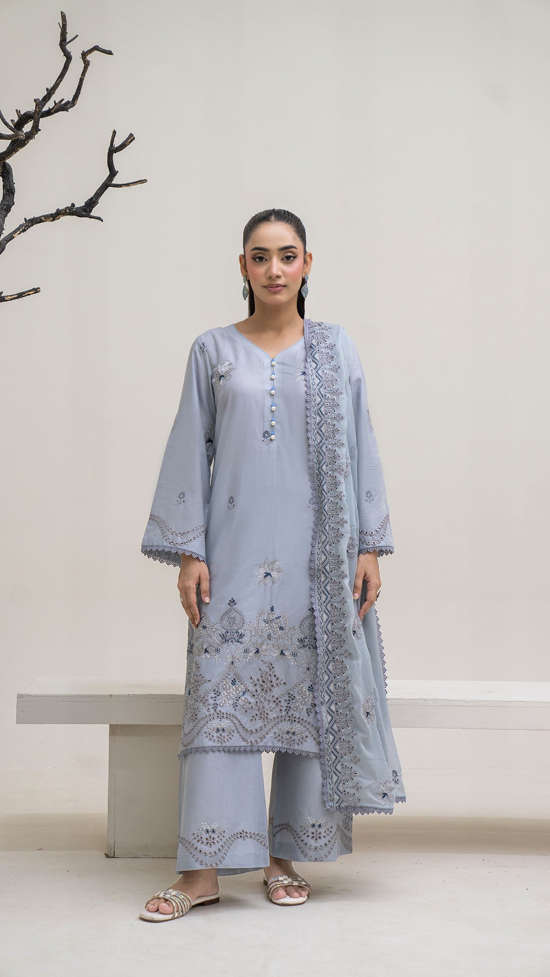 2329 - Grey 3-Piece Suit Embroidered Cotton lawn Suit