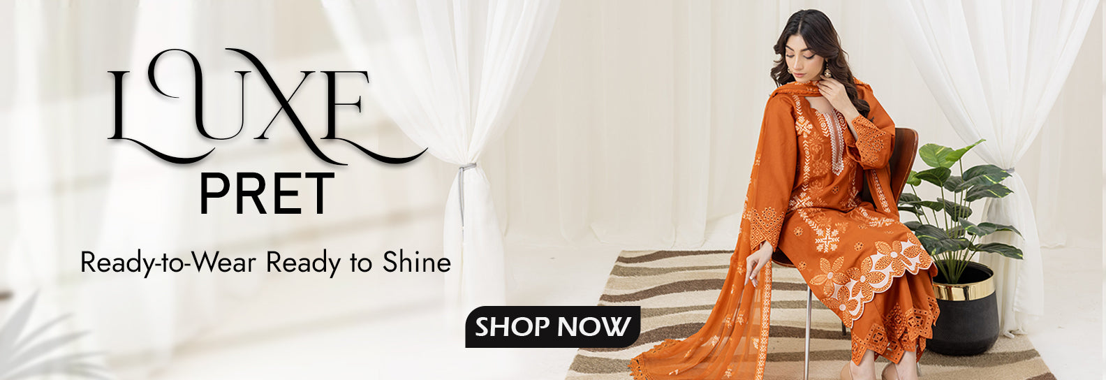 Woman in an orange and white outfit sitting on a chair with 'Luxe Pret' branding and promotional text.