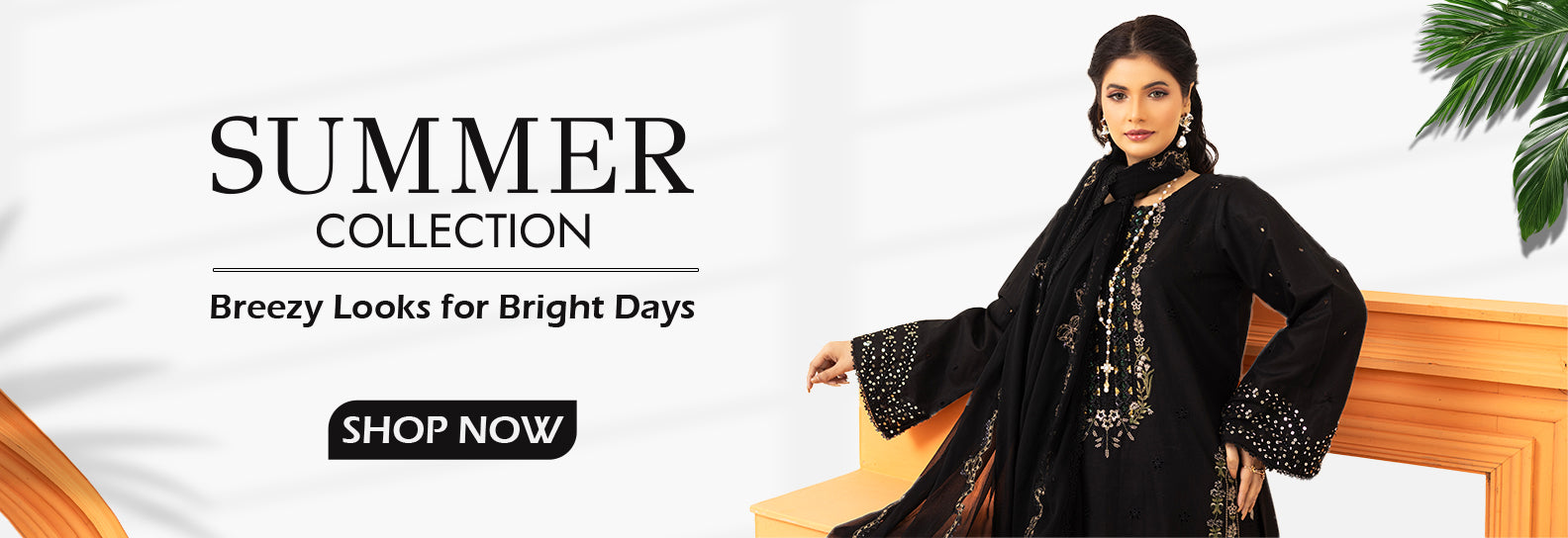 Woman in black traditional outfit with gold details against a white background, promoting a 'Summer Collection' with text overlay.