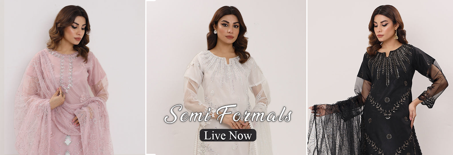 Three women in semi-formal attire with promotional text 'Semi-Formals Live Now'.