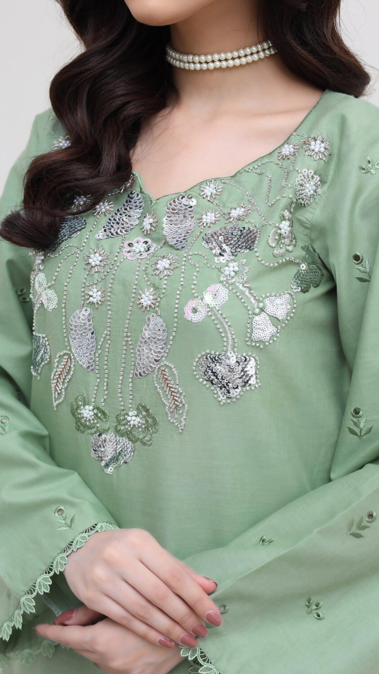 2263-Sea Green Embroidered 2-Piece Cotton Lawn Suit