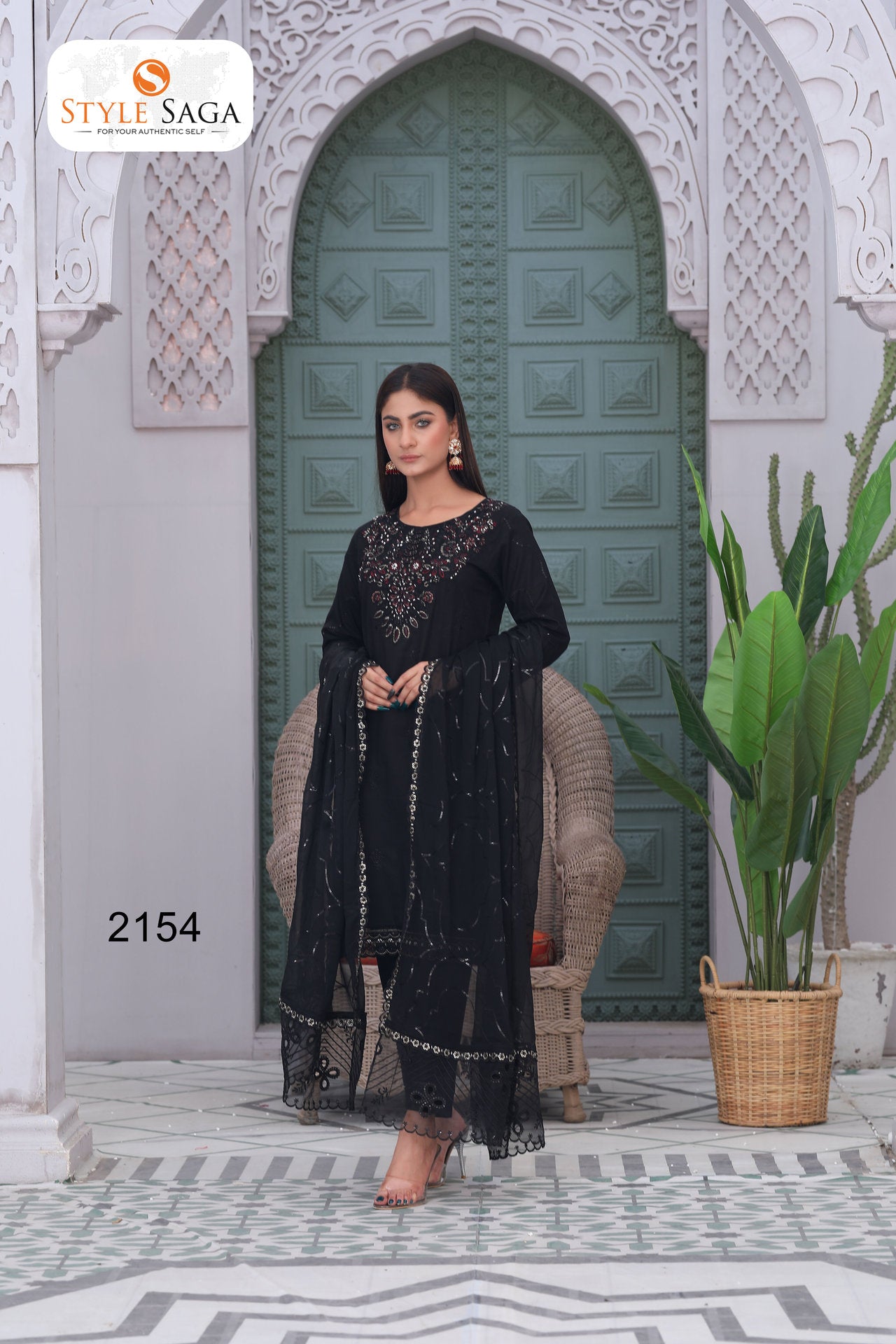 2154 – Black Embroidered 3-Piece Cotton Lawn Suit – Elegant Summer Wear