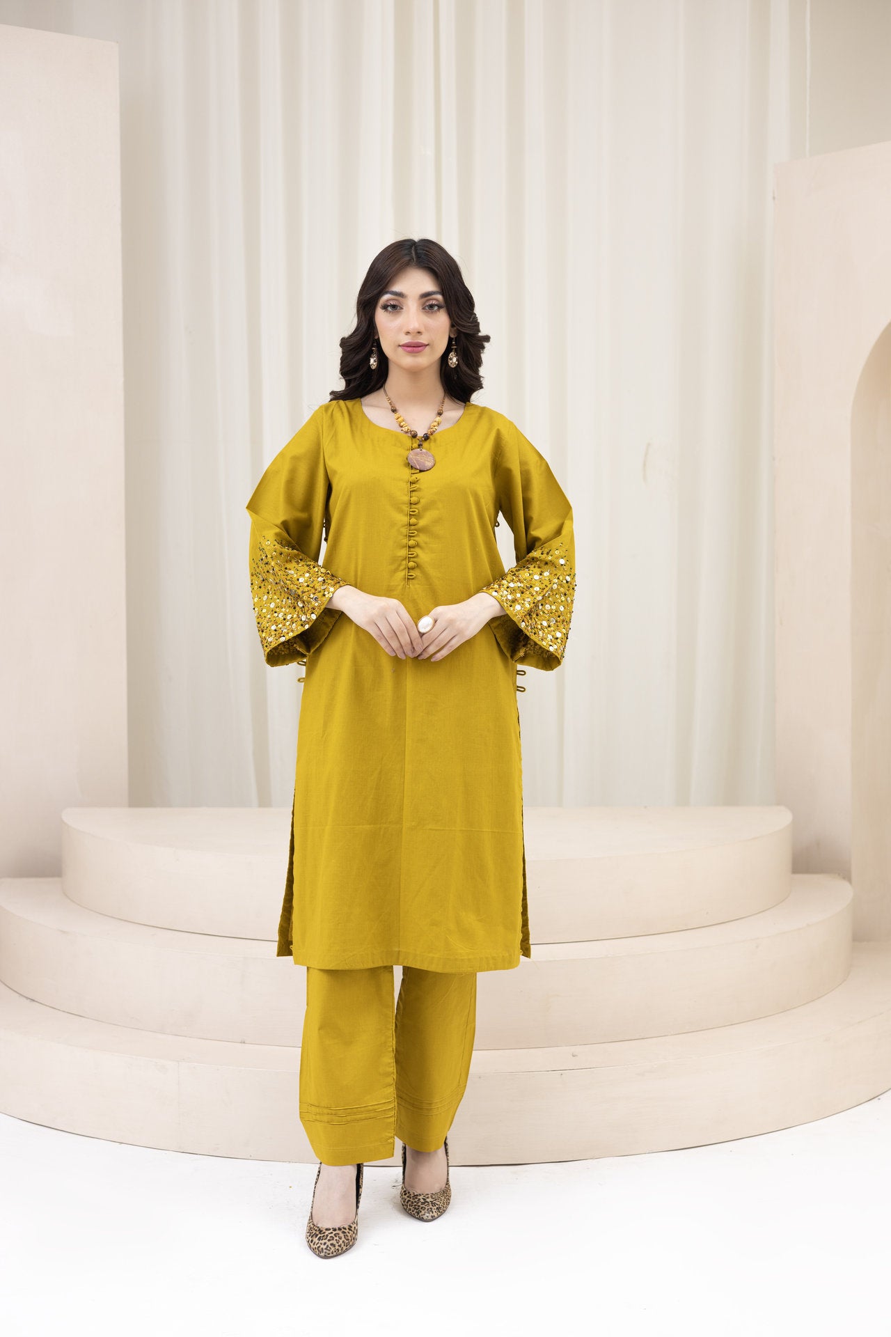 2167 – Gold 2 Piece Embellished Cotton Lawn Suit