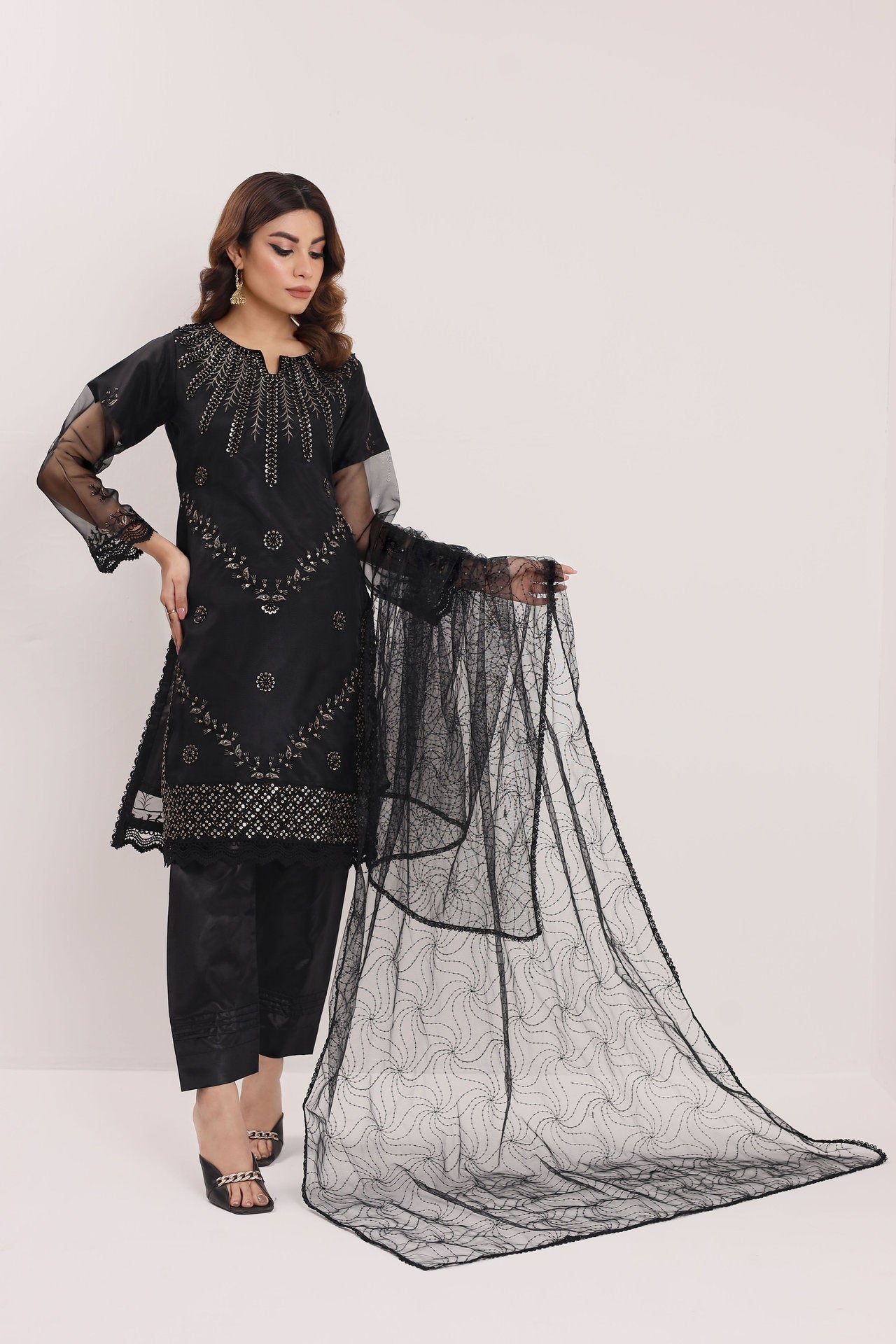 2168-A EBONY – Embroidered &amp; Embellished Organza Ensemble