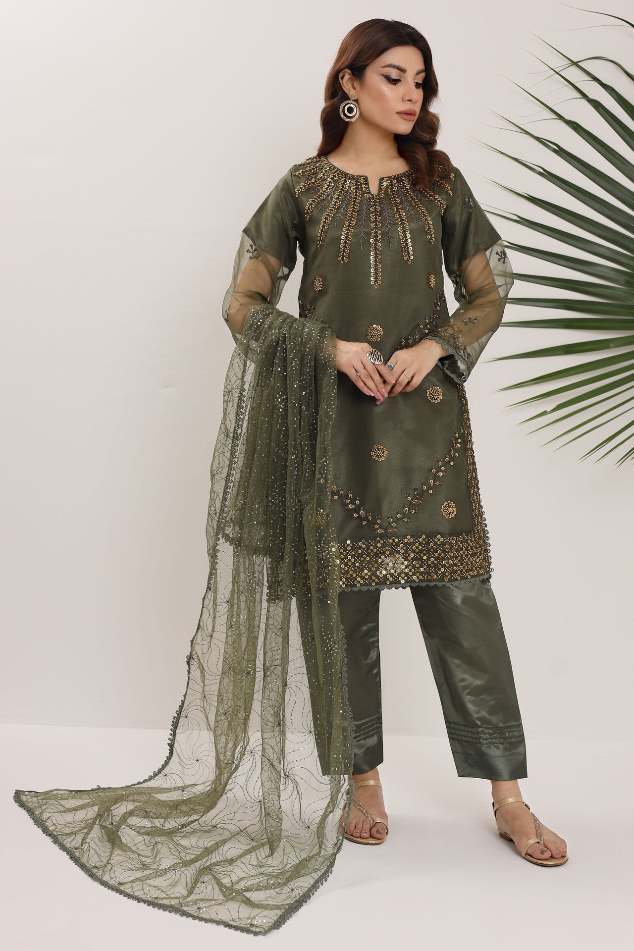 2168-C Luxurious Moss Green Embroidered Organza Suit with Sequined Dupatta