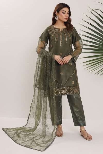 2168-C Luxurious Moss Green Embroidered Organza Suit with Sequined Dupatta