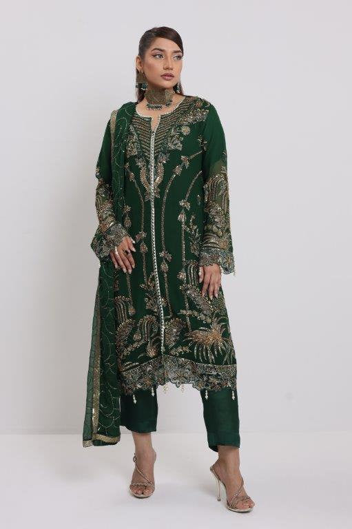 2175-A DARK FOREST – Luxurious Embroidered &amp; Embellished Chiffon Ensemble