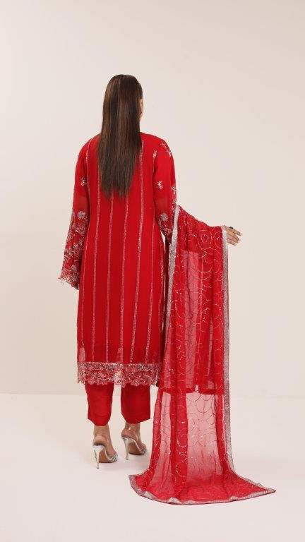 2175-B SCARLET – Embroidered &amp; Embellished Chiffon Ensemble