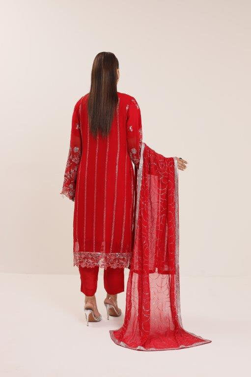 2175-B SCARLET – Embroidered &amp; Embellished Chiffon Ensemble