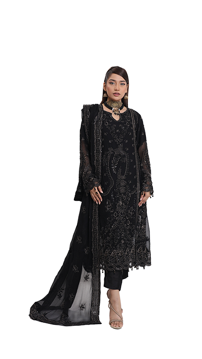 2176-BLACK NIGHT – Embroidered &amp; Embellished Chiffon Ensemble