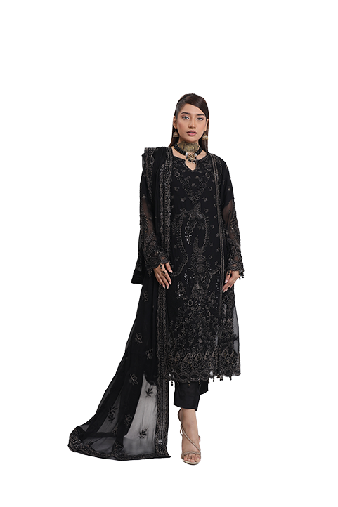 2176-BLACK NIGHT – Embroidered &amp; Embellished Chiffon Ensemble