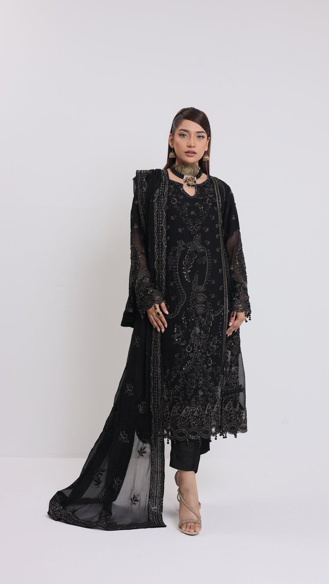 2176-BLACK NIGHT – Embroidered &amp; Embellished Chiffon Ensemble