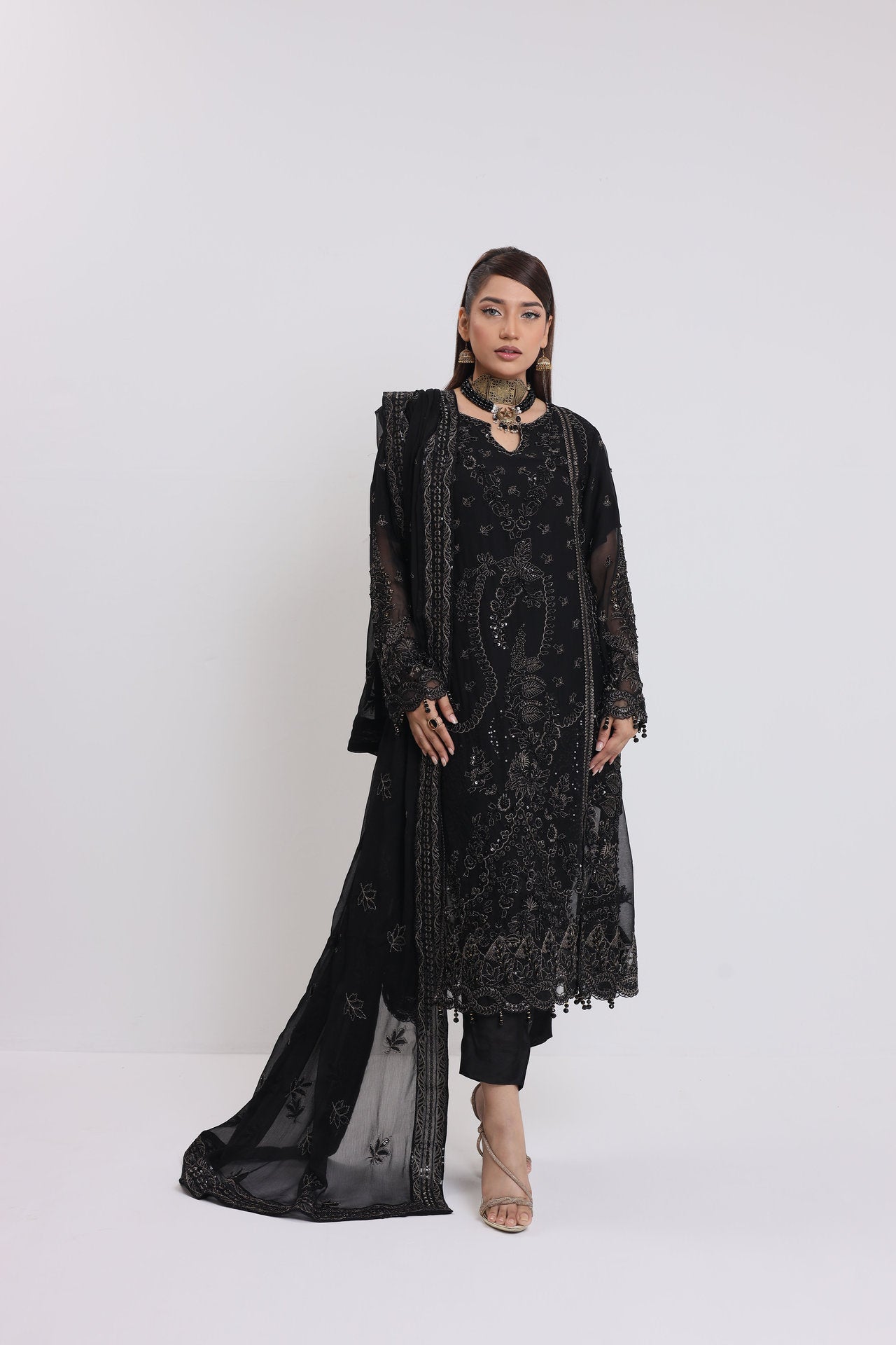 2176-BLACK NIGHT – Embroidered &amp; Embellished Chiffon Ensemble