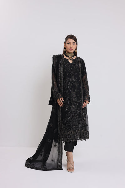 2176-BLACK NIGHT – Embroidered &amp; Embellished Chiffon Ensemble