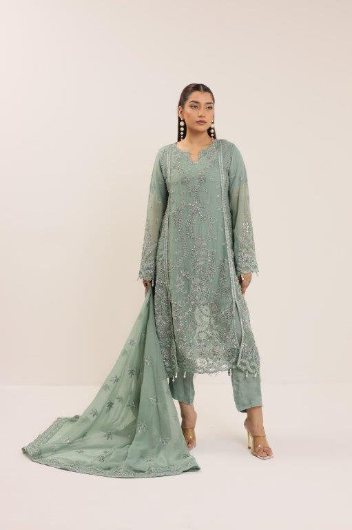 2176- SAGE – Elegant Embroidered &amp; Embellished Chiffon Ensemble