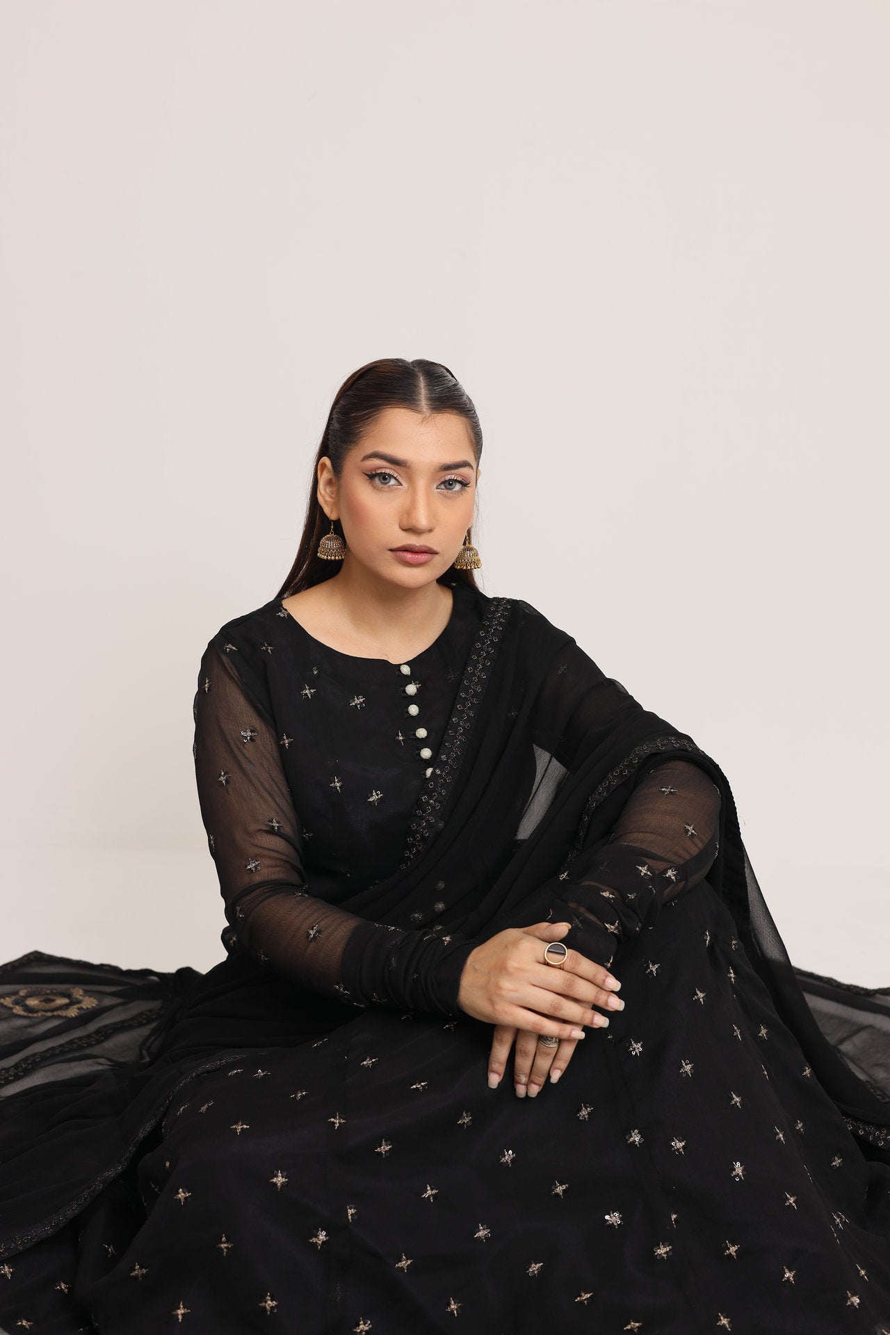 2178 - black 3 Piece Embroidered Chiffon Suit