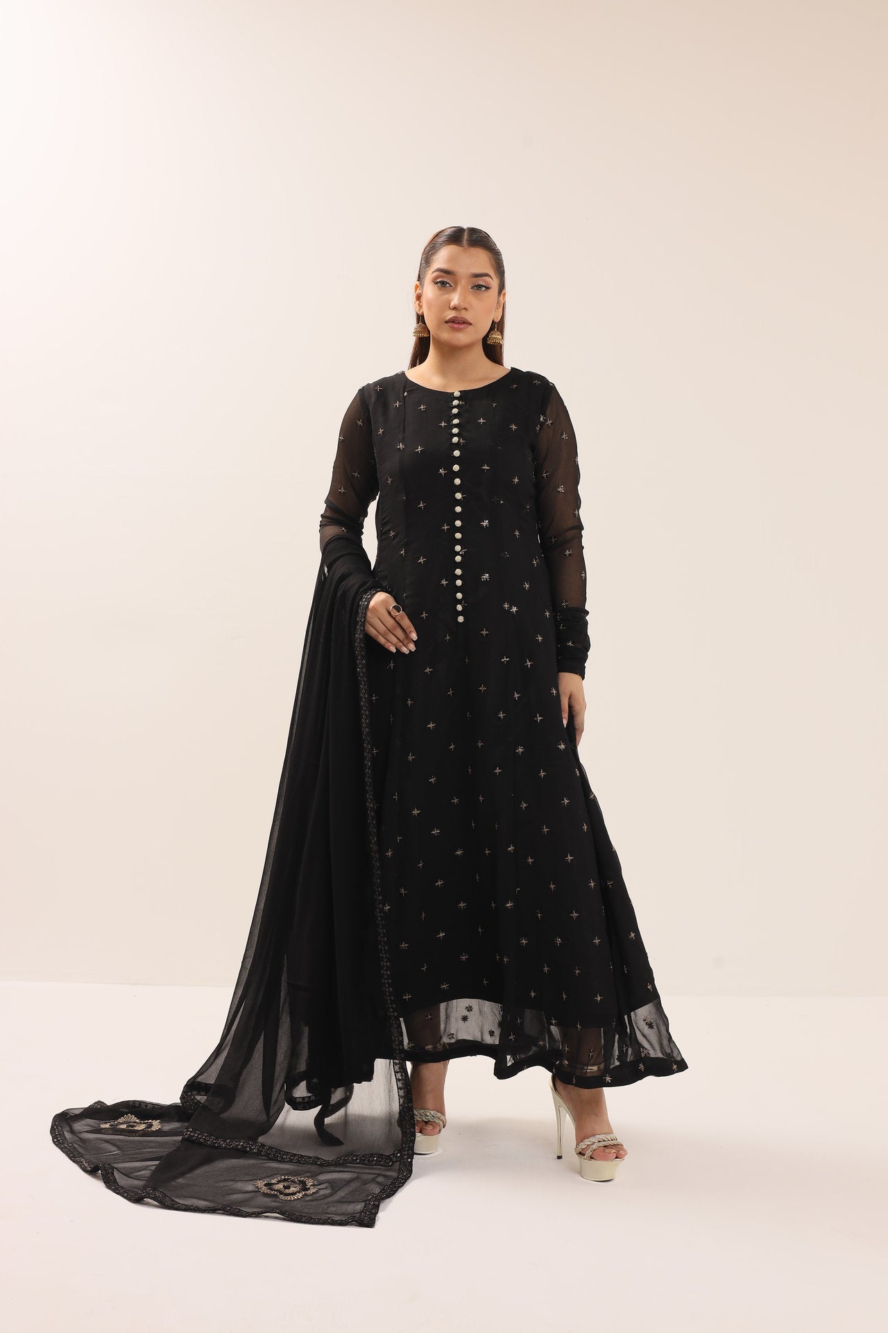 2178 - black 3 Piece Embroidered Chiffon Suit