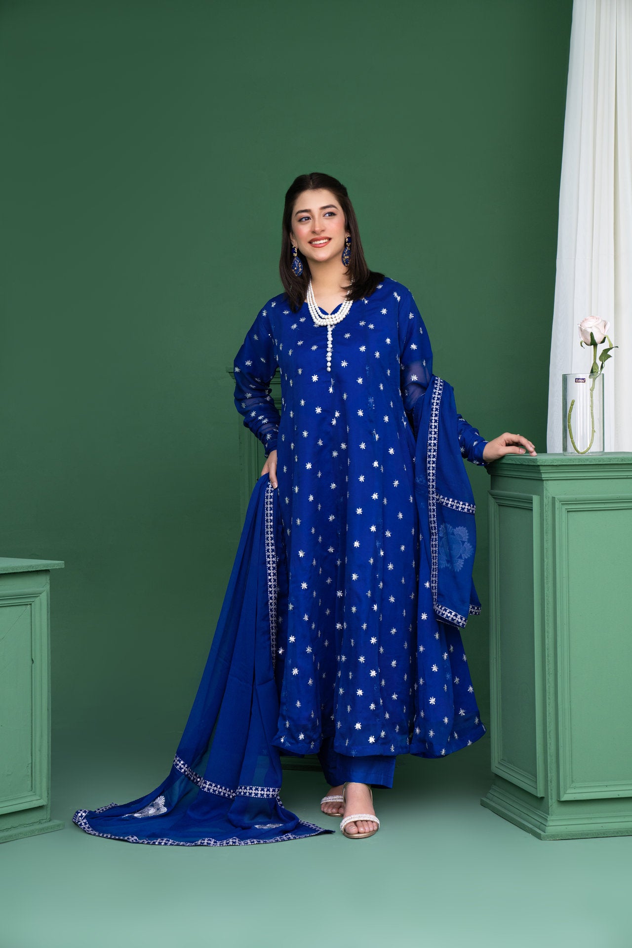 2178-Ink Blue 3 Piece chiffon Embroidered Suit