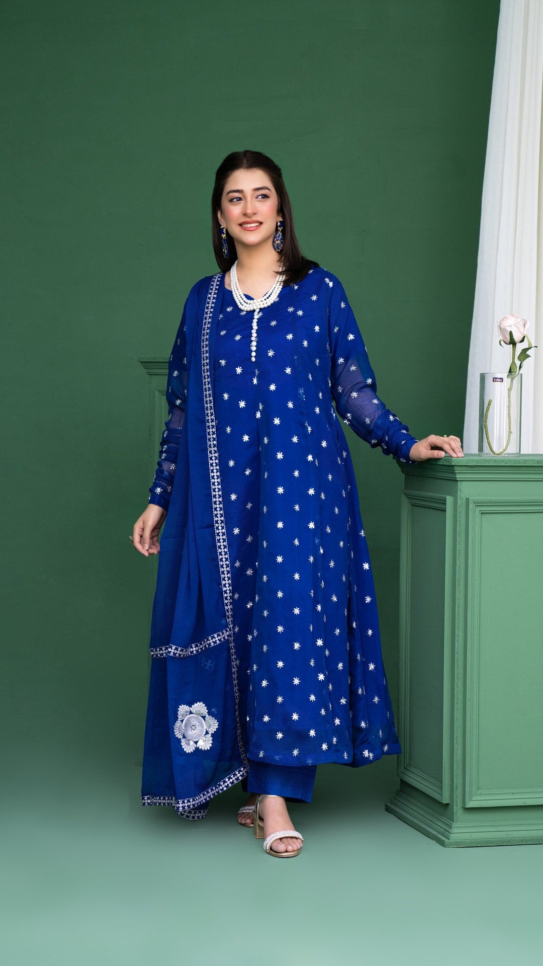 2178-Ink Blue 3 Piece chiffon Embroidered Suit