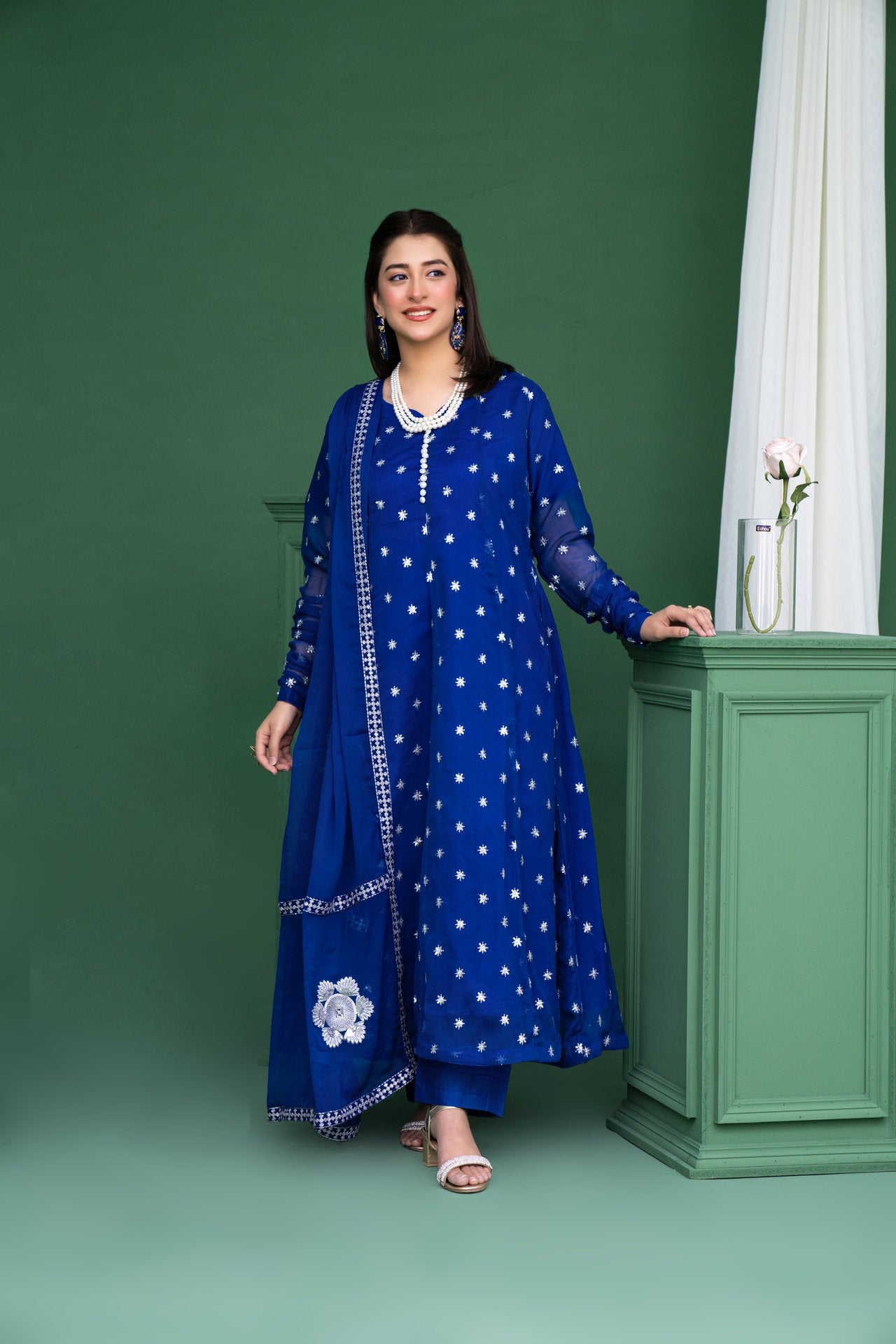 2178-Ink Blue 3 Piece chiffon Embroidered Suit