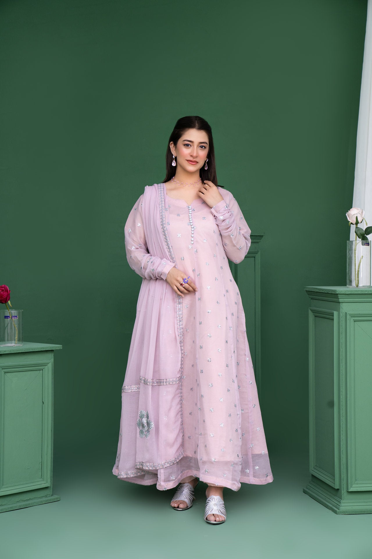 2178 - Light Pink 3 Piece Embroidered Chiffon Suit