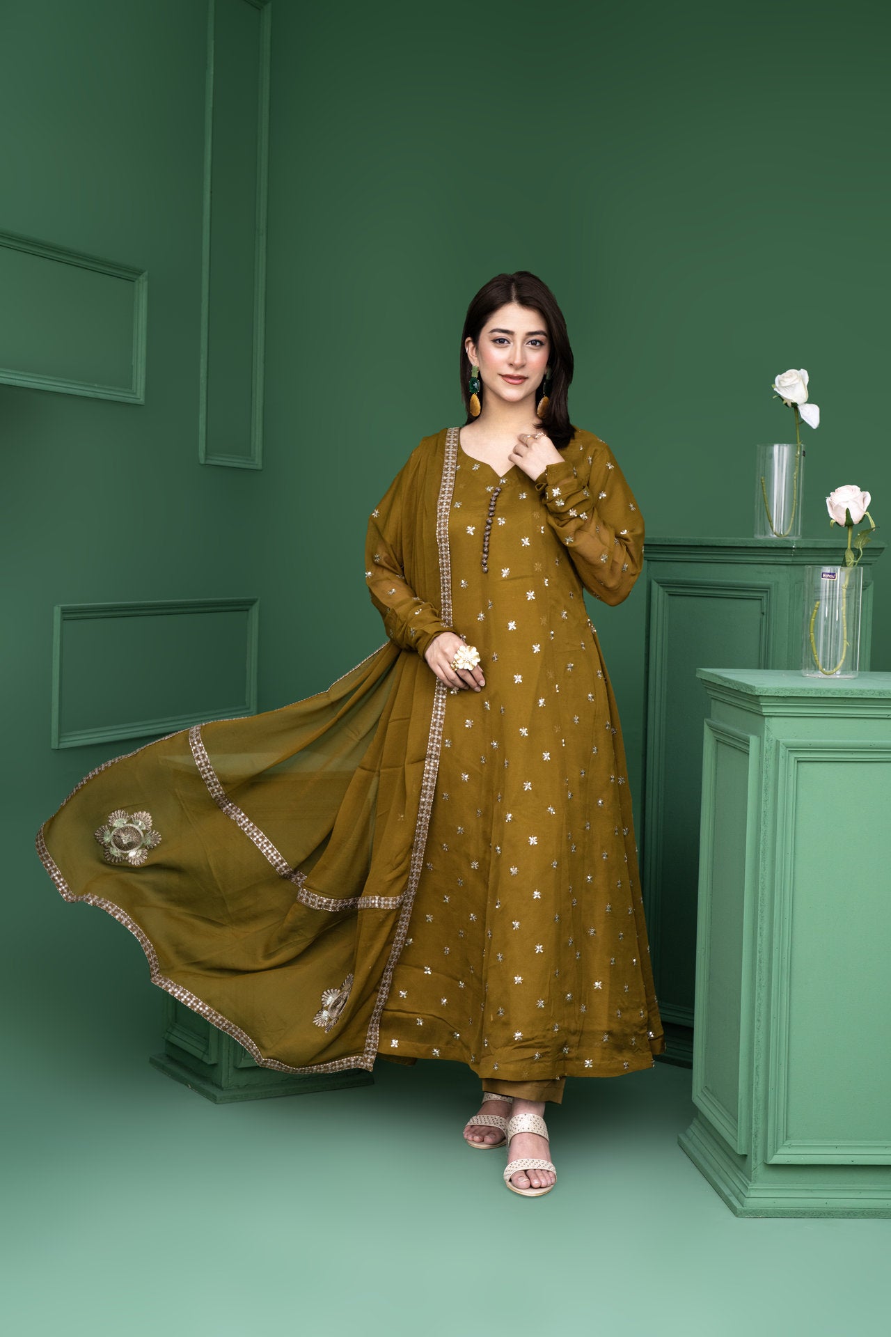 2178-Olive 3- Piece Embroidered Chiffon Suit