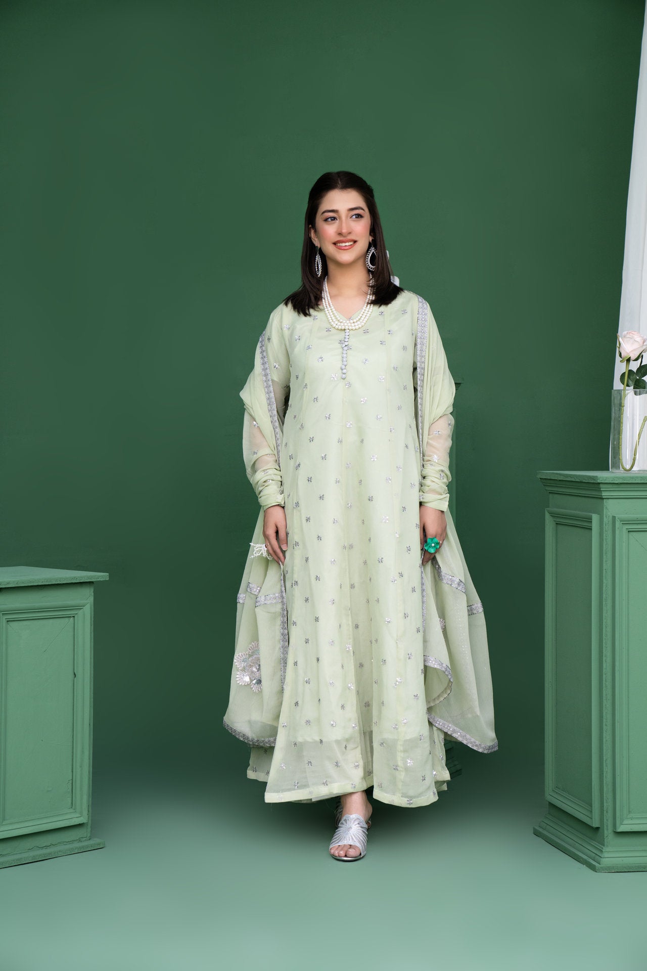 2178 - Sea Green 3 Piece Embroidered Chiffon Suit