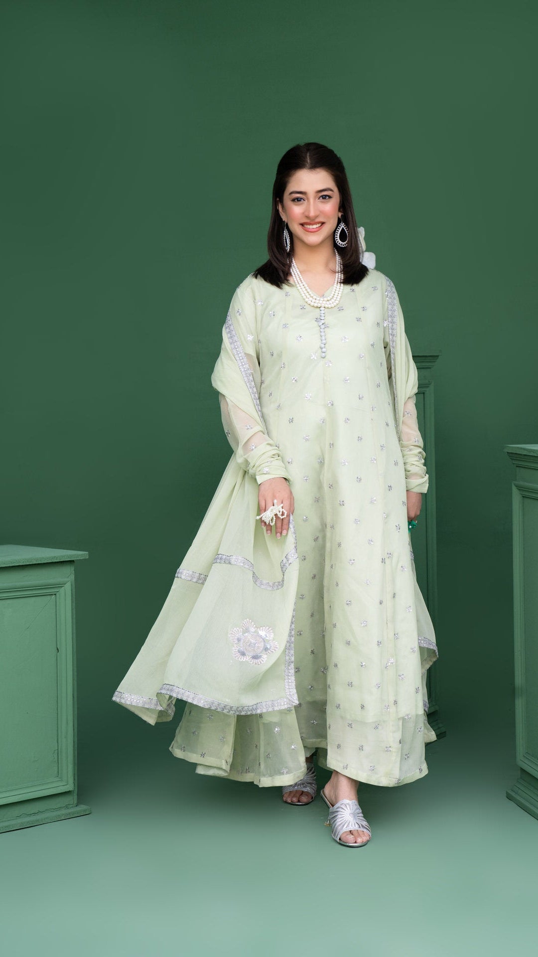 2178 - Sea Green 3 Piece Embroidered Chiffon Suit