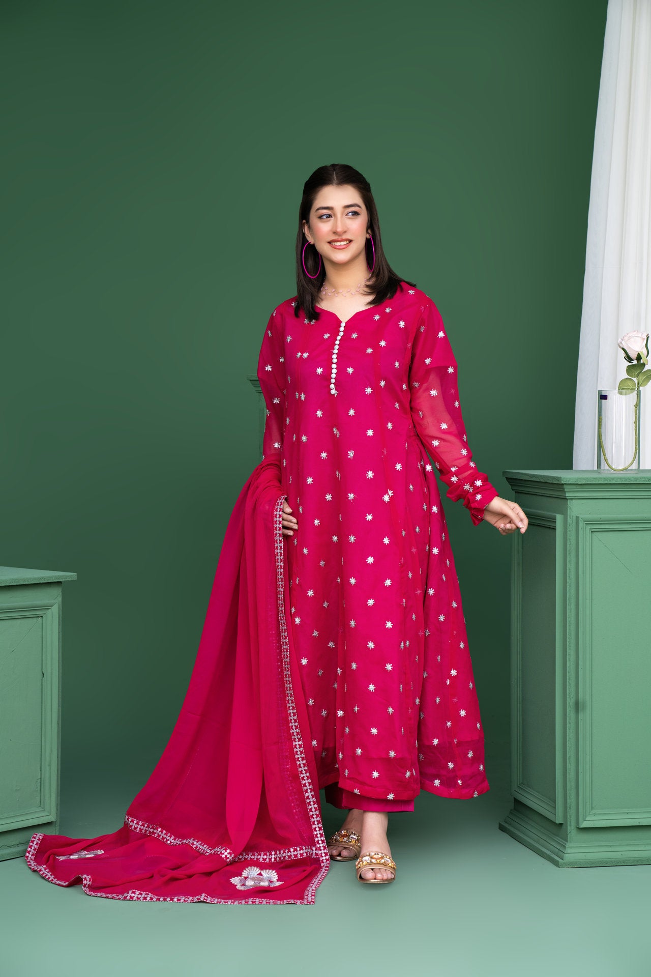 2178 - Shocking Pink 3 Piece Embroidered Chiffon Suit